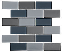 Lofthouse Petrol grey Brick Glass Mosaic tile, (L)300mm (W)300mm