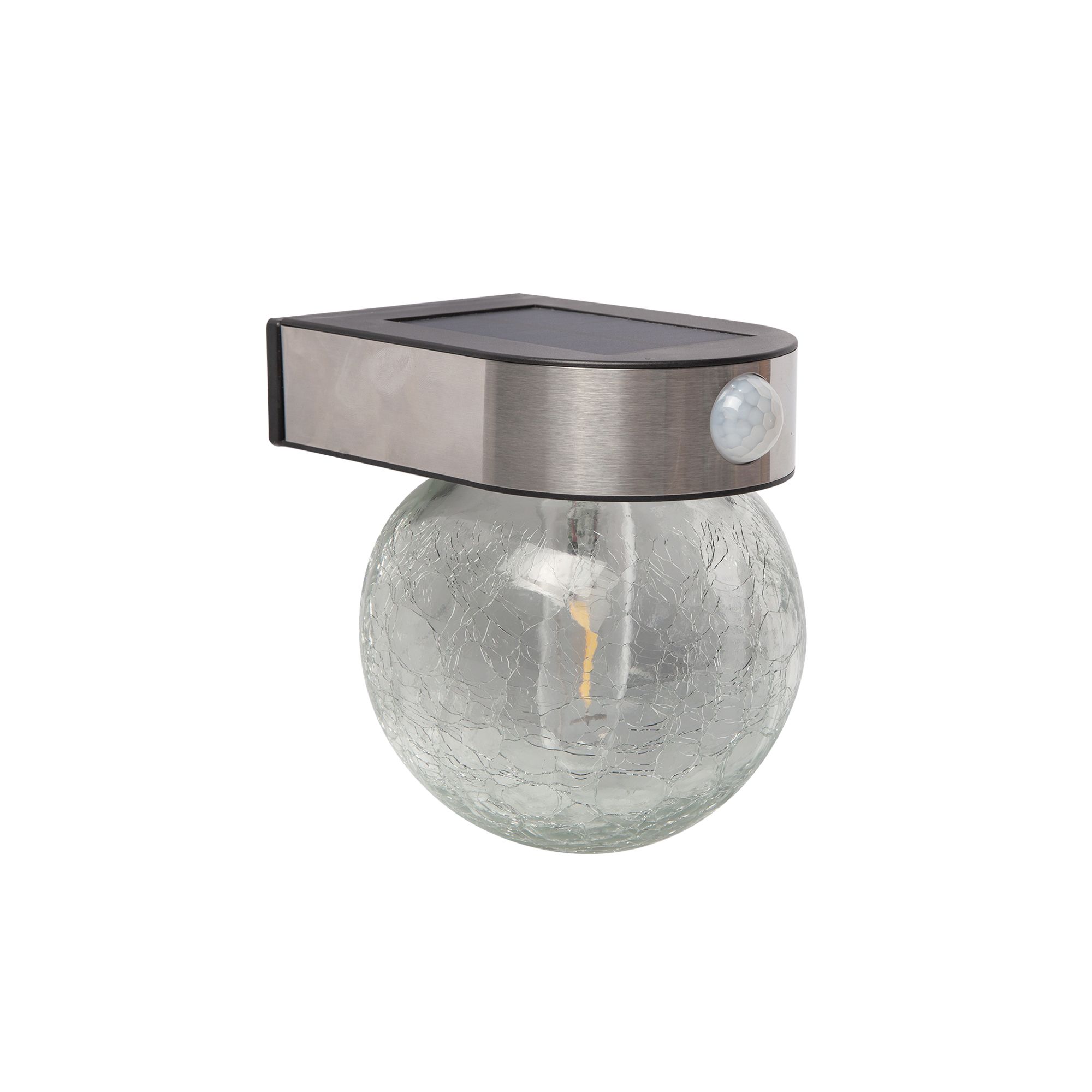 Longny Crackle glass ball Adjustable Brushed Silver effect Solar-powered Integrated LED 1.25W PIR With motion sensor Round Outdoor Wall light