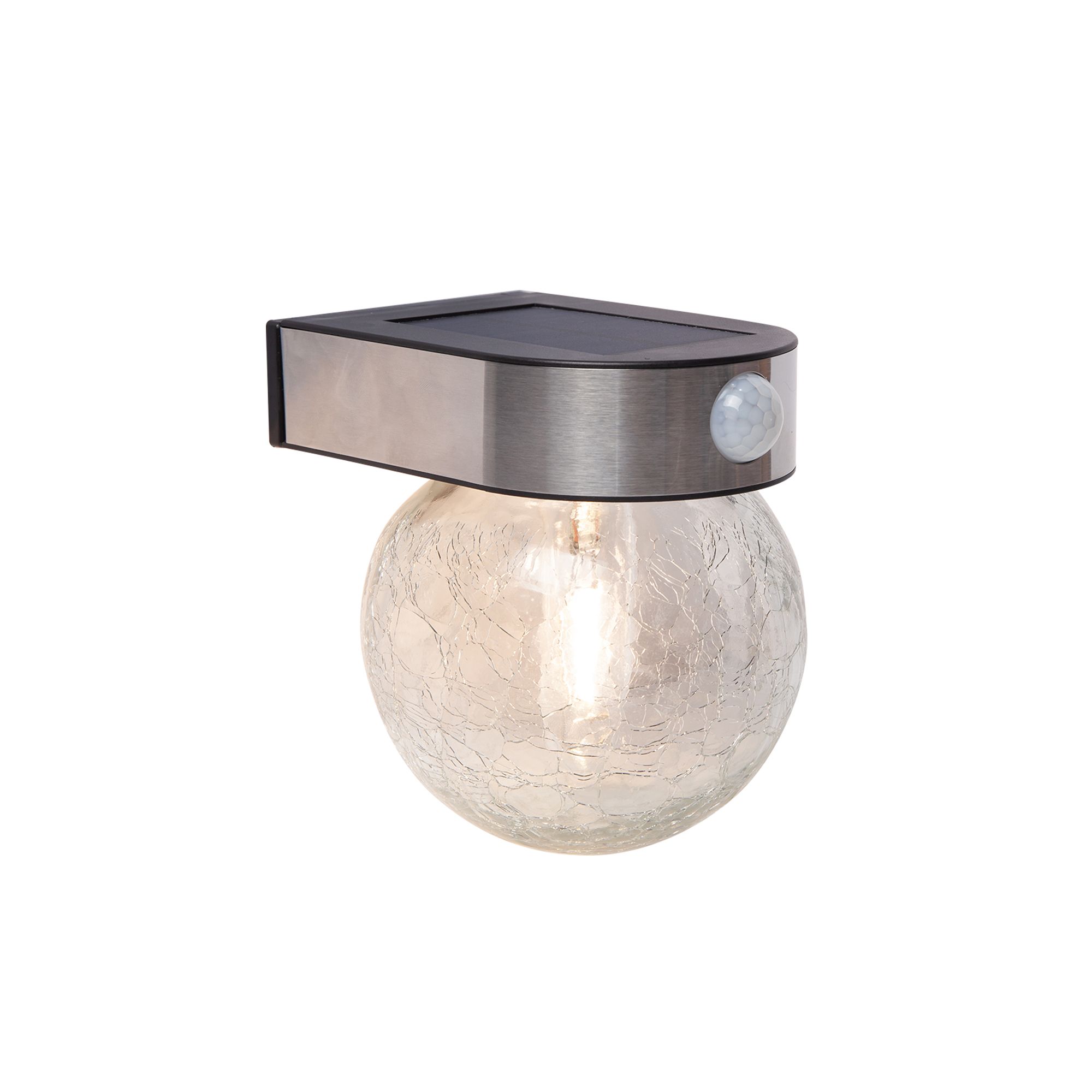 Longny Crackle glass ball Adjustable Brushed Silver effect Solar-powered Integrated LED 1.25W PIR With motion sensor Round Outdoor Wall light