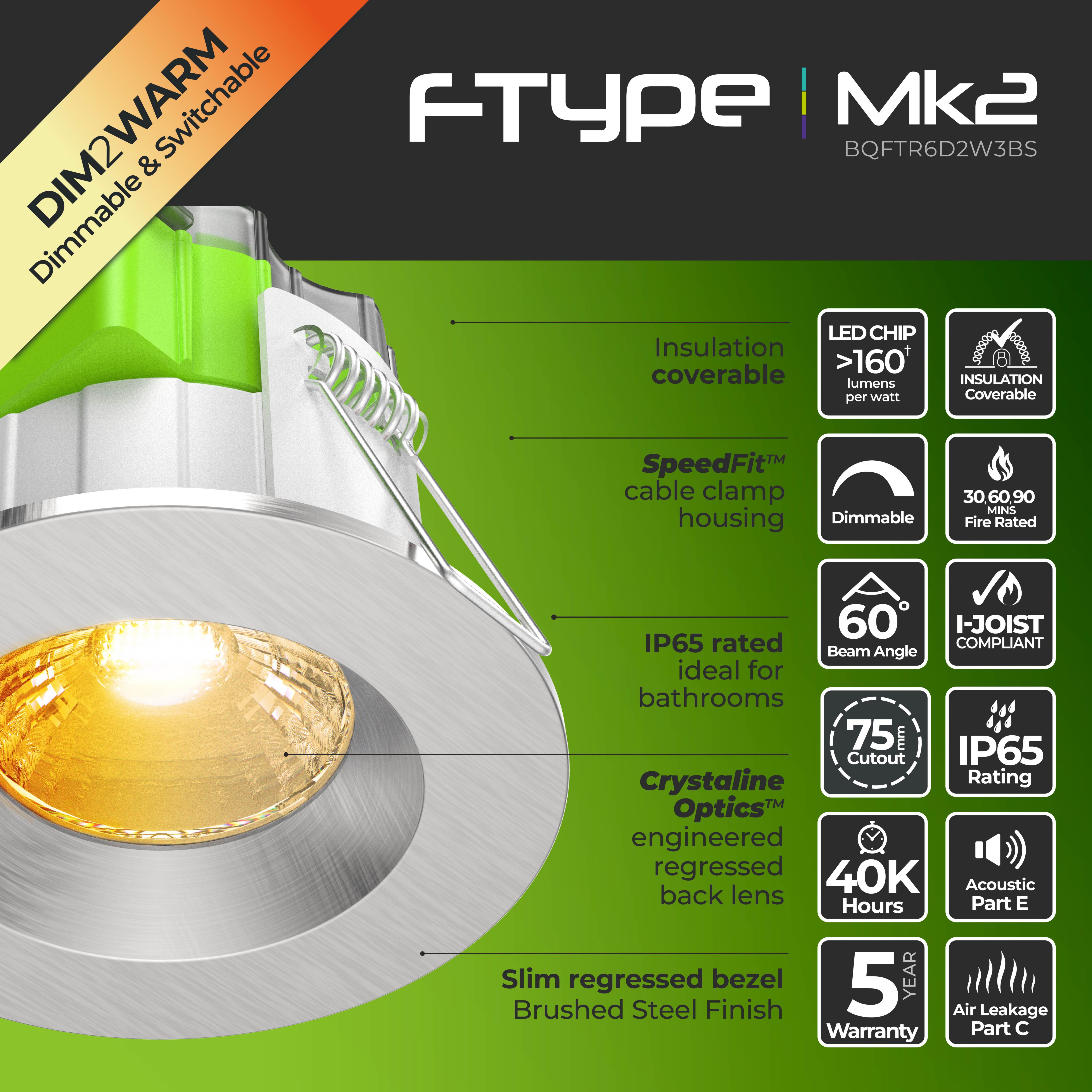 Luceco FType Mk2 Brushed Steel effect Fixed LED Fire rated Warm white Downlight 6W IP65 Pack of 6