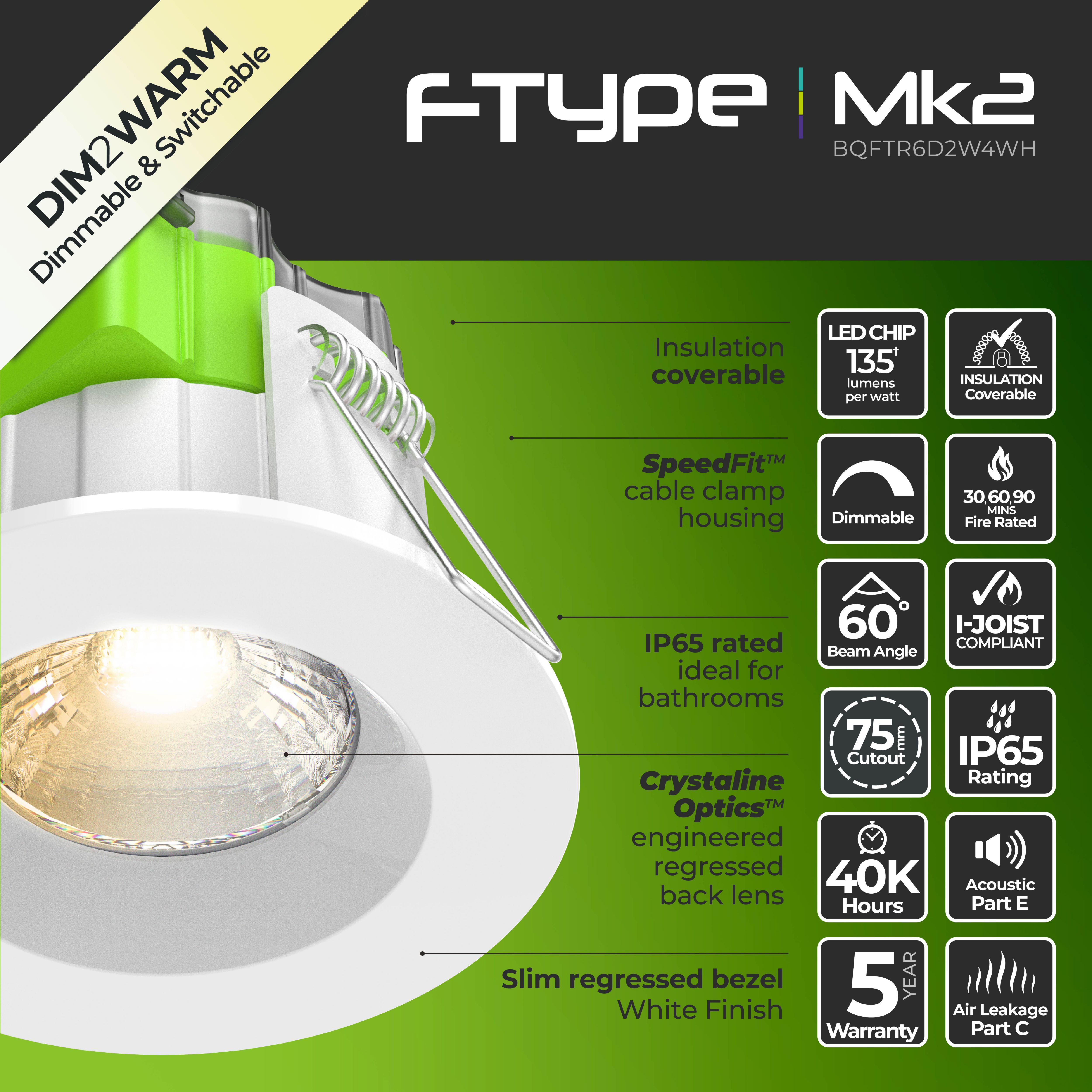 Luceco FType MK2 LED Downlight – 4W/6W, Dim2Warm 3000K Oder 4000K, IP65, Flach | Für Badezimmer & Küche