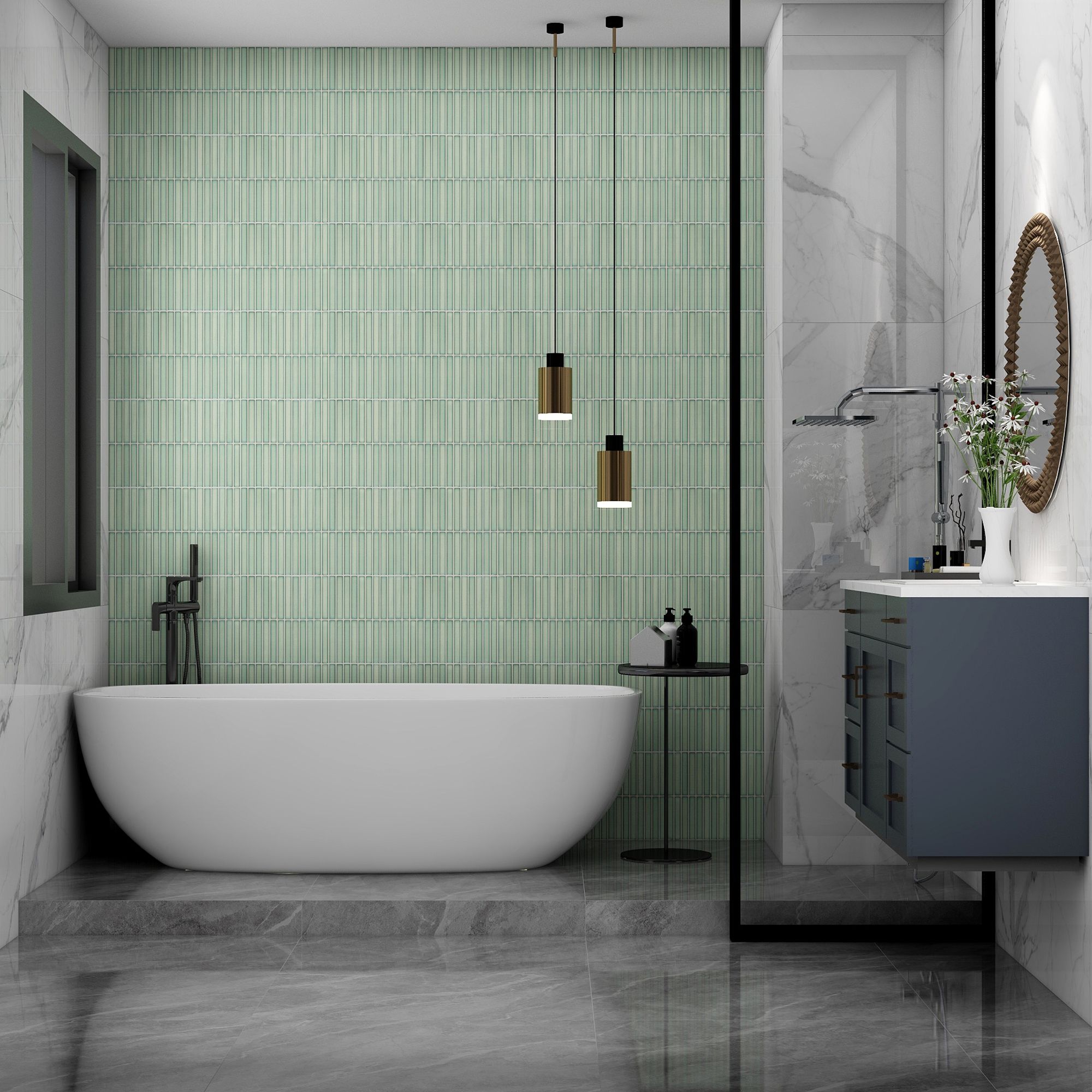 Luisa Green Gloss Thin Brick Ceramic Mosaic tile sheet, (L)295mm (W)298mm