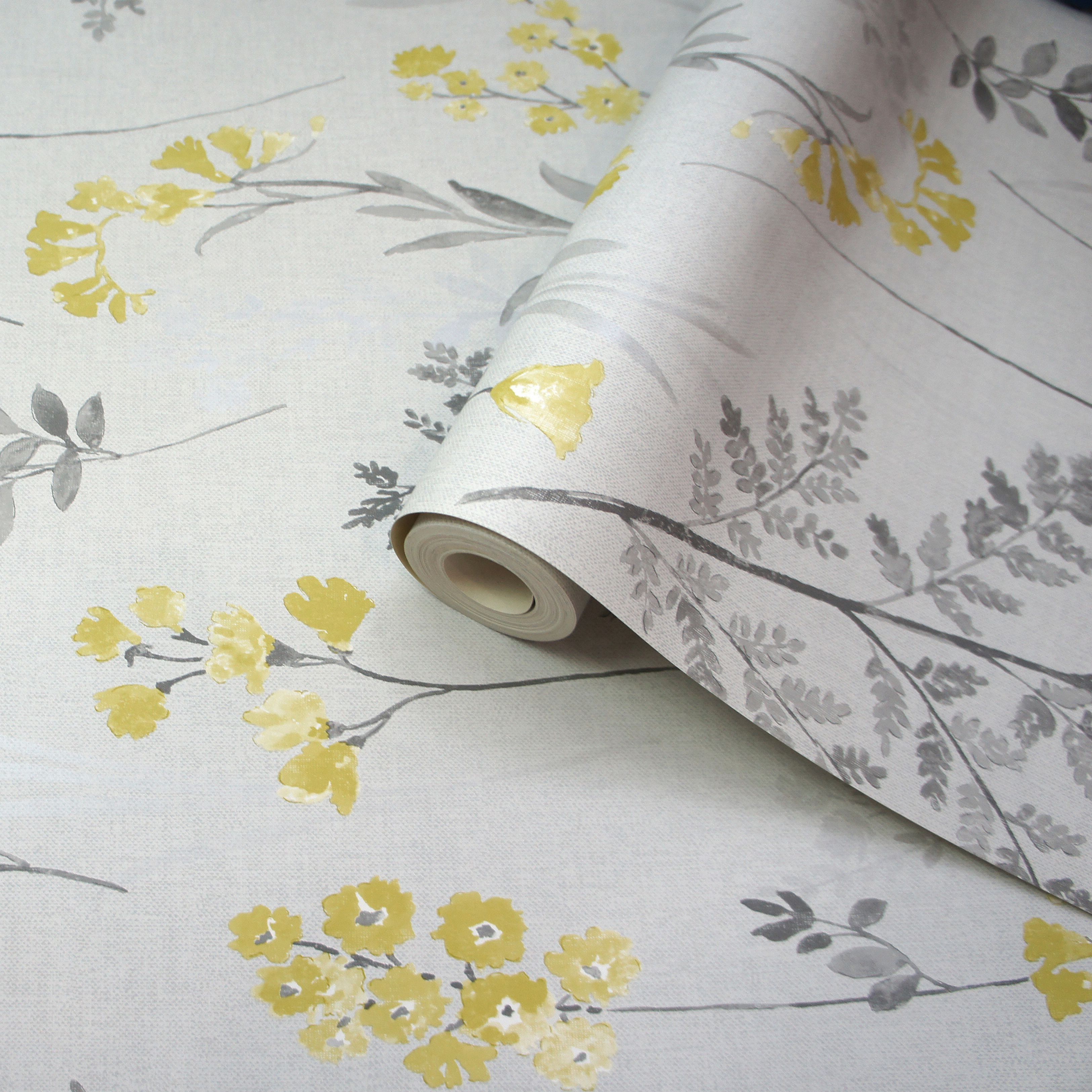 Lupton Grey & yellow Floral Smooth Wallpaper at B&Q
