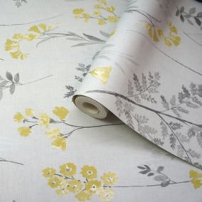 Lupton Grey & yellow Floral Smooth Wallpaper