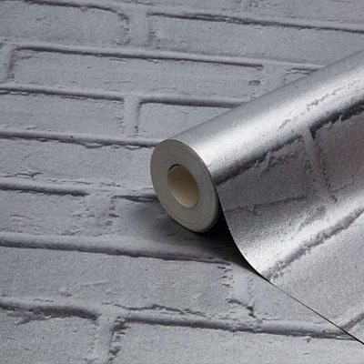 Lutece Silver effect Brick Smooth Wallpaper