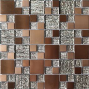 Luxe Brushed Gloss & matt Copper effect Glass & metal Mosaic tile, (L)300mm (W)300mm