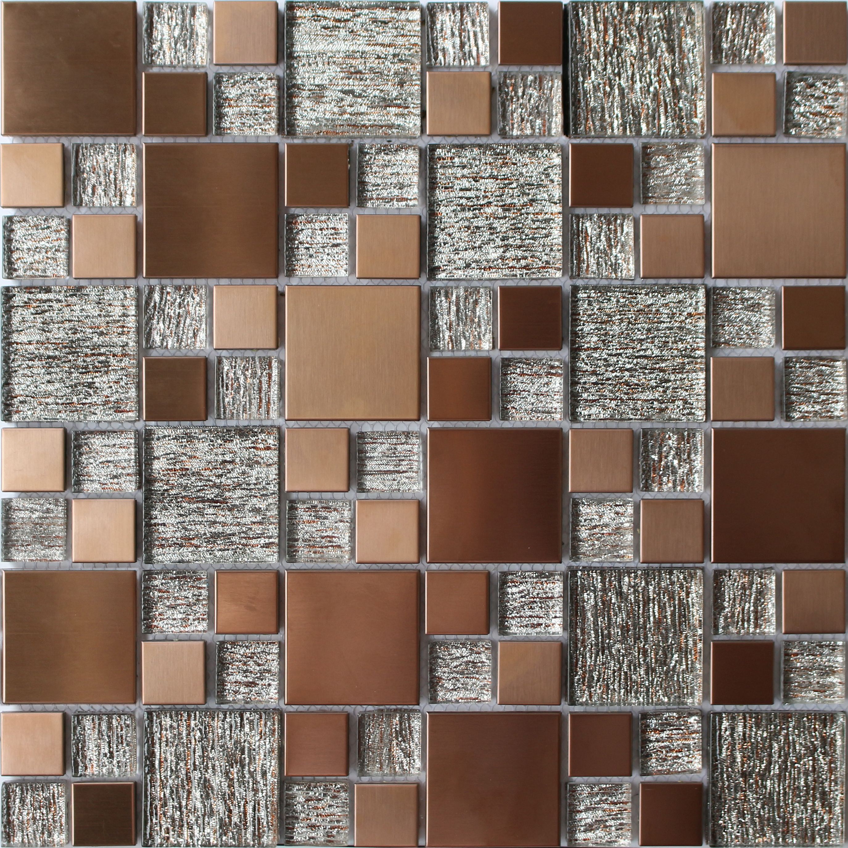 Luxe Brushed Matt Gloss & matt Copper effect Glass & metal Mosaic tile ...