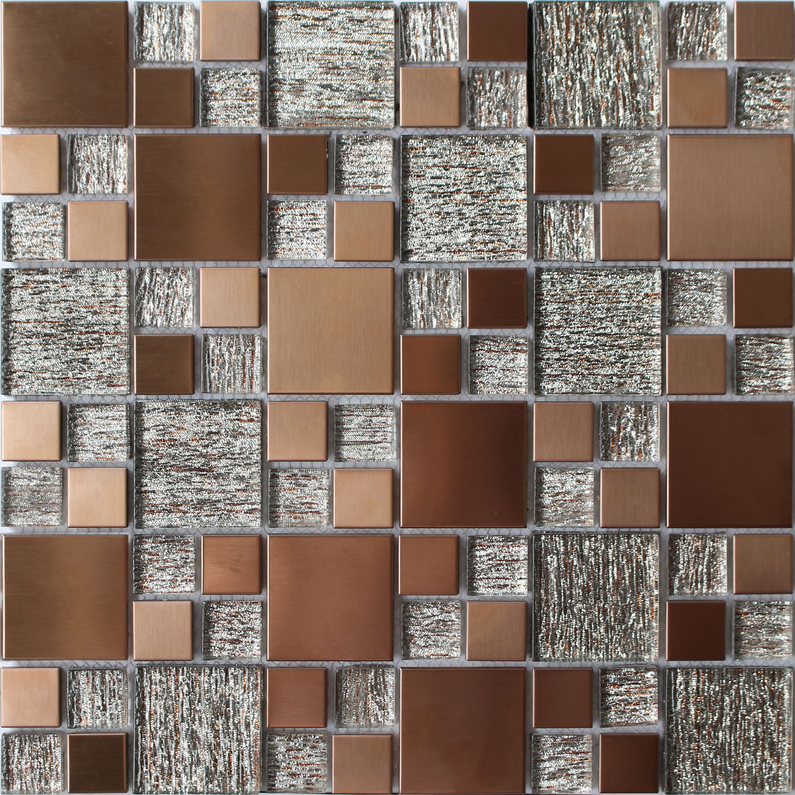 Luxe Brushed Matt Gloss & matt Copper effect Glass & metal Mosaic tile, (L)300mm (W)300mm