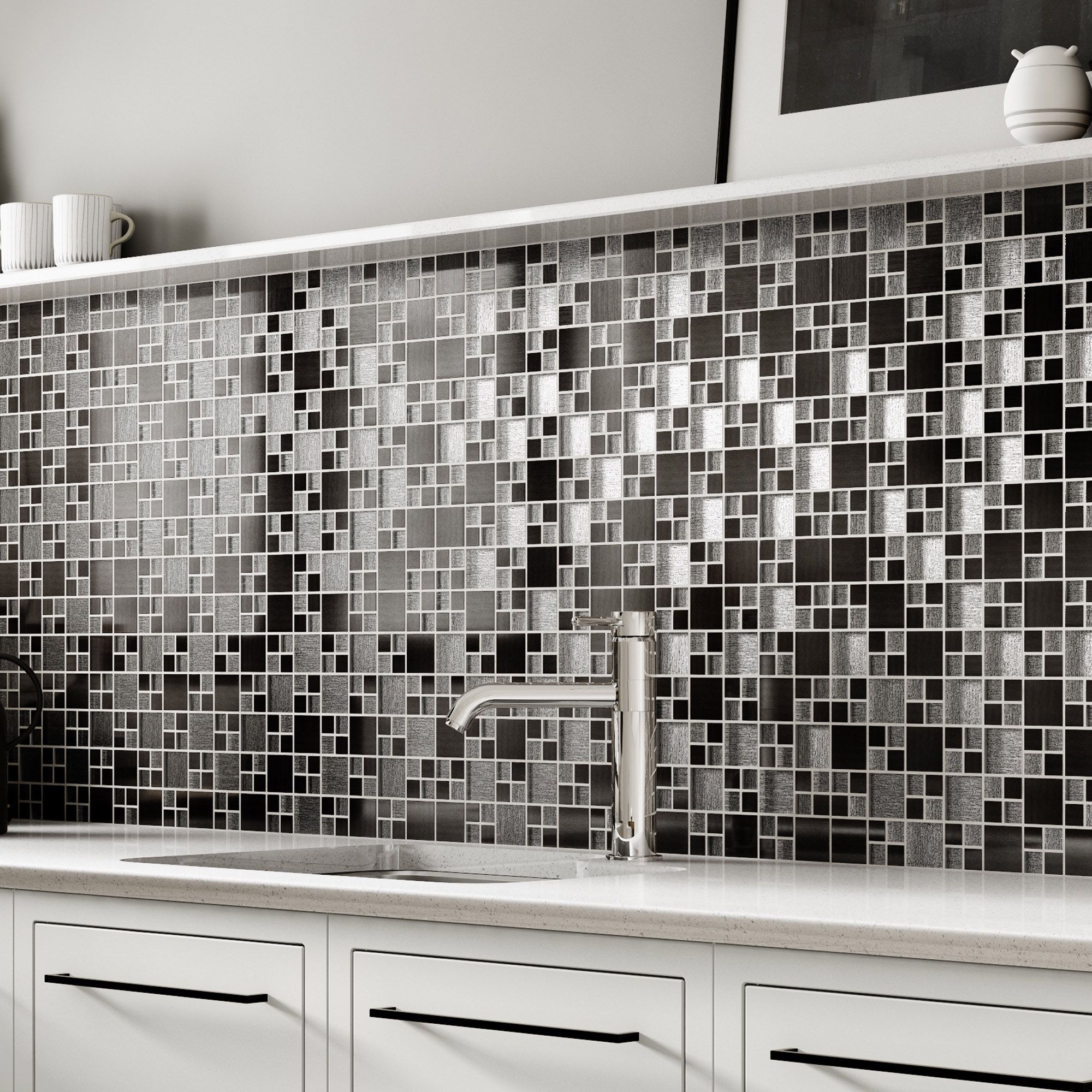 Luxe Gunmetal Gloss And Matt Modular Glass And Metal Mosaic Tile L300mm W300mm Diy At Bandq 6064