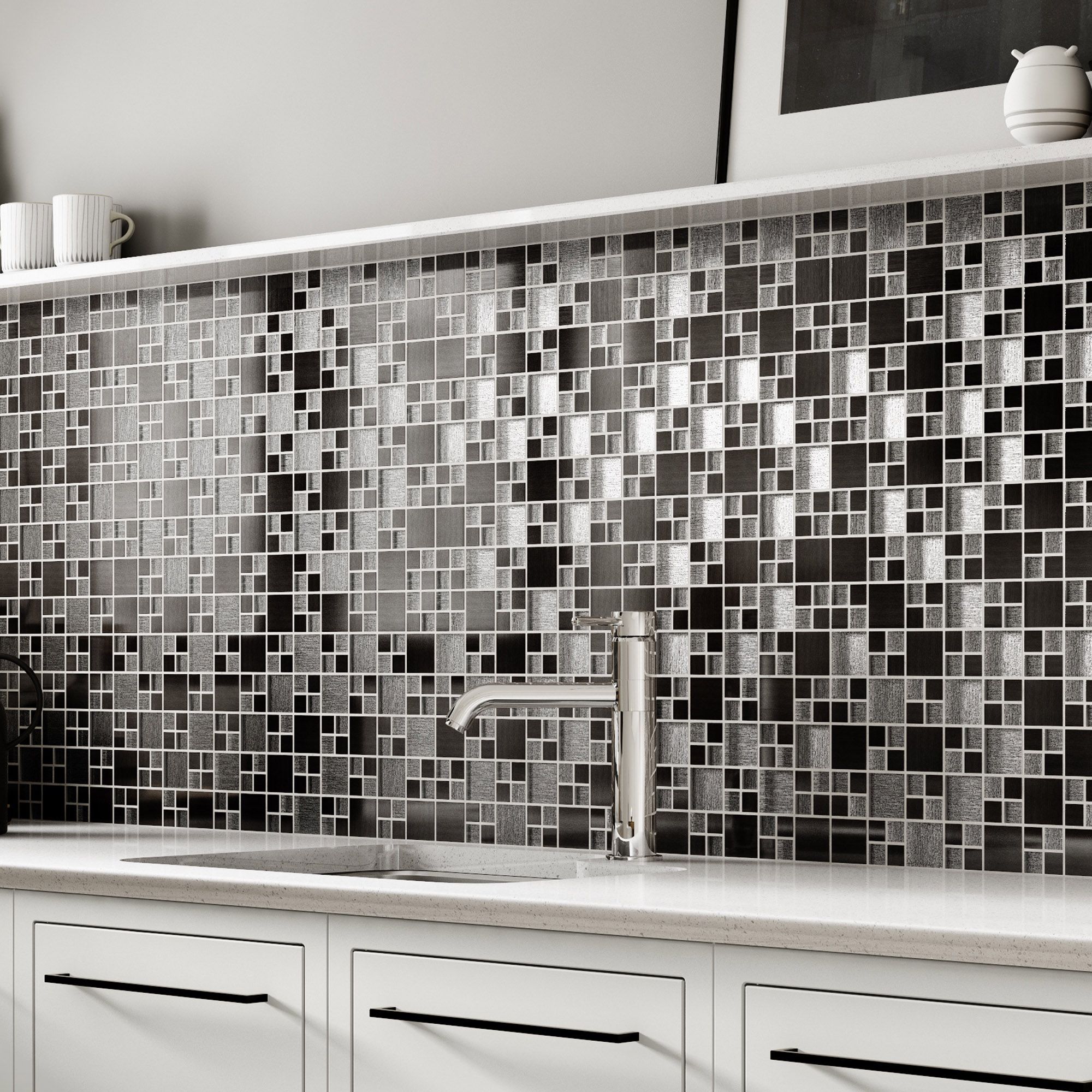 Luxe Gunmetal Matt Gloss & matt Modular Glass & metal Mosaic tile, (L ...