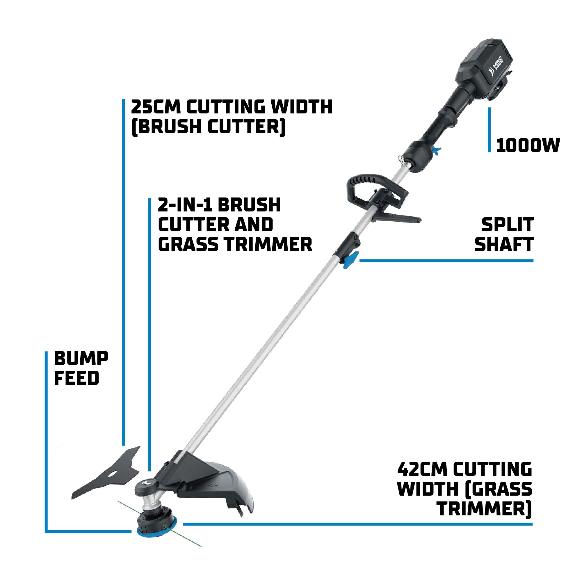 Mac Allister 1000W Corded 42cm 2-in-1 brushcutter & grass trimmer - MCB1174GBC
