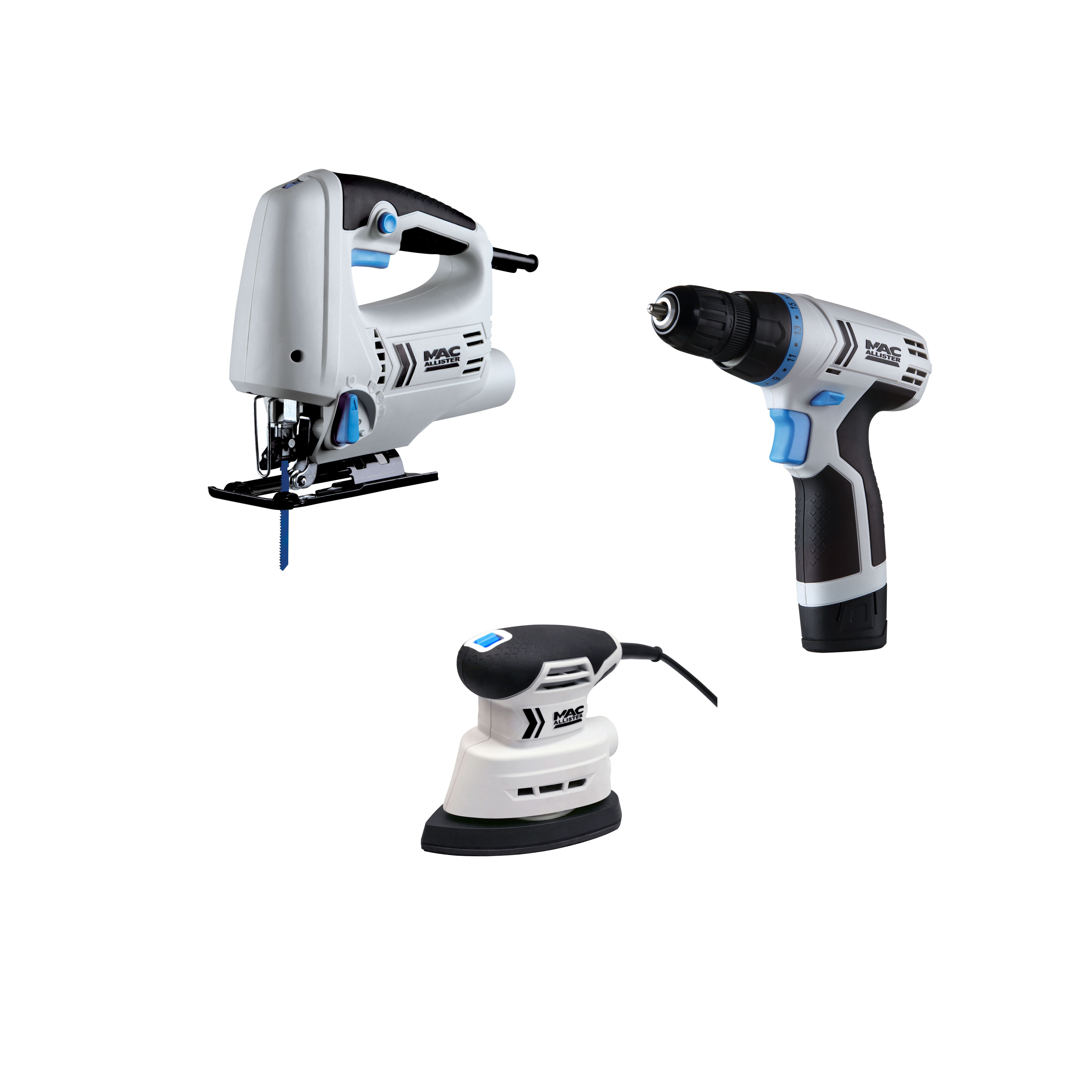 Mac Allister 12V Li ion Cordless 3 piece Power tool kit 1 x 1.5Ah MSDD12 Li MSJS600 MSDLS160 DIY at B Q