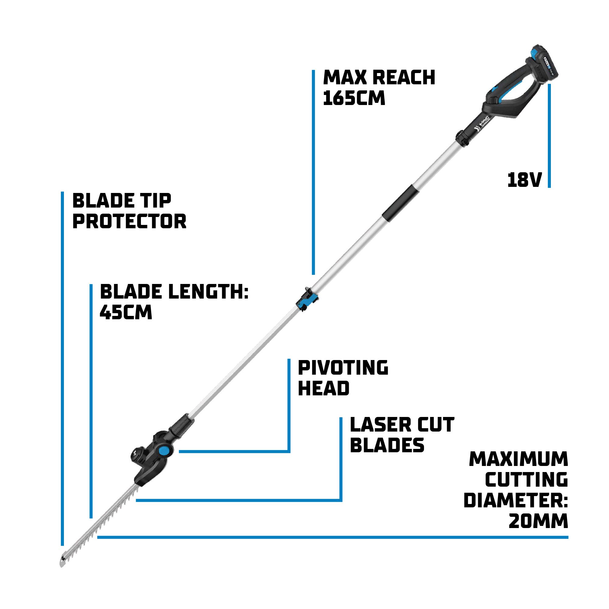 Mac Allister 18V Cordless 45cm Pole hedge trimmer (1 x 2Ah) - MPHT1845-Li