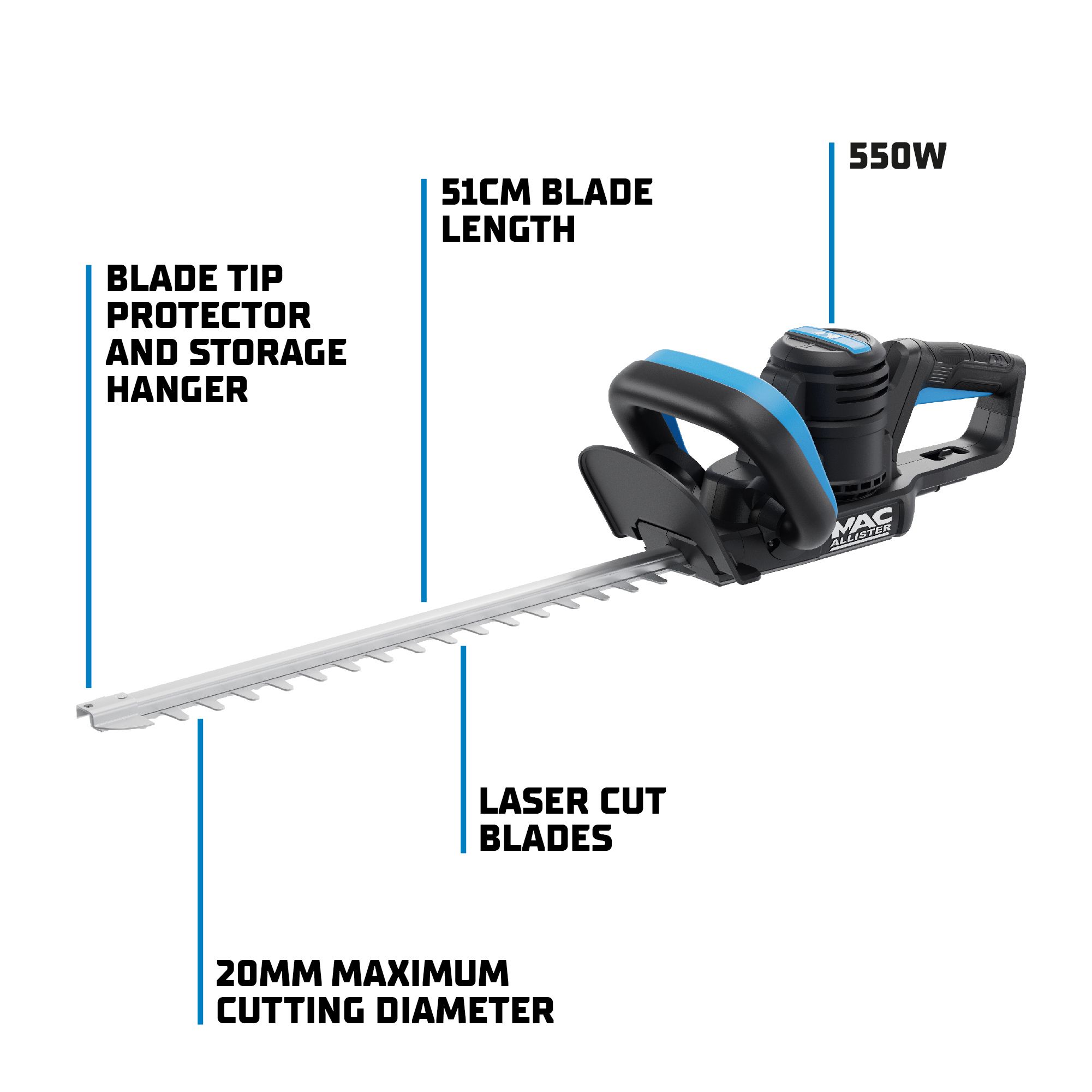 Mac Allister MCB1177GHT Corded Electric - 510mm 20mm 550W 220-240V Dual action laser cut Hedge trimmer
