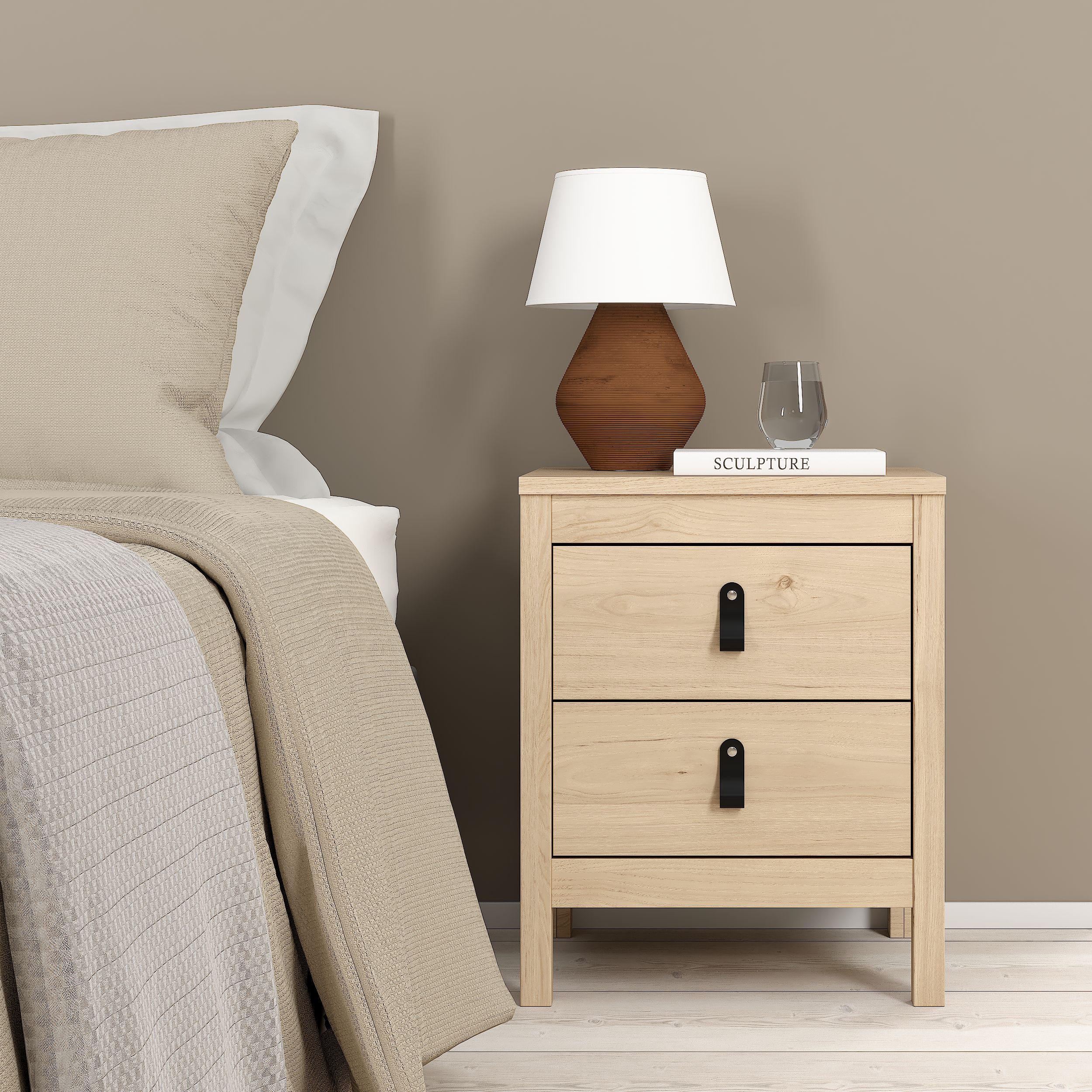 Madrid Matt oak effect 2 Drawer Bedside table (H)541mm (W)438mm (D)384mm