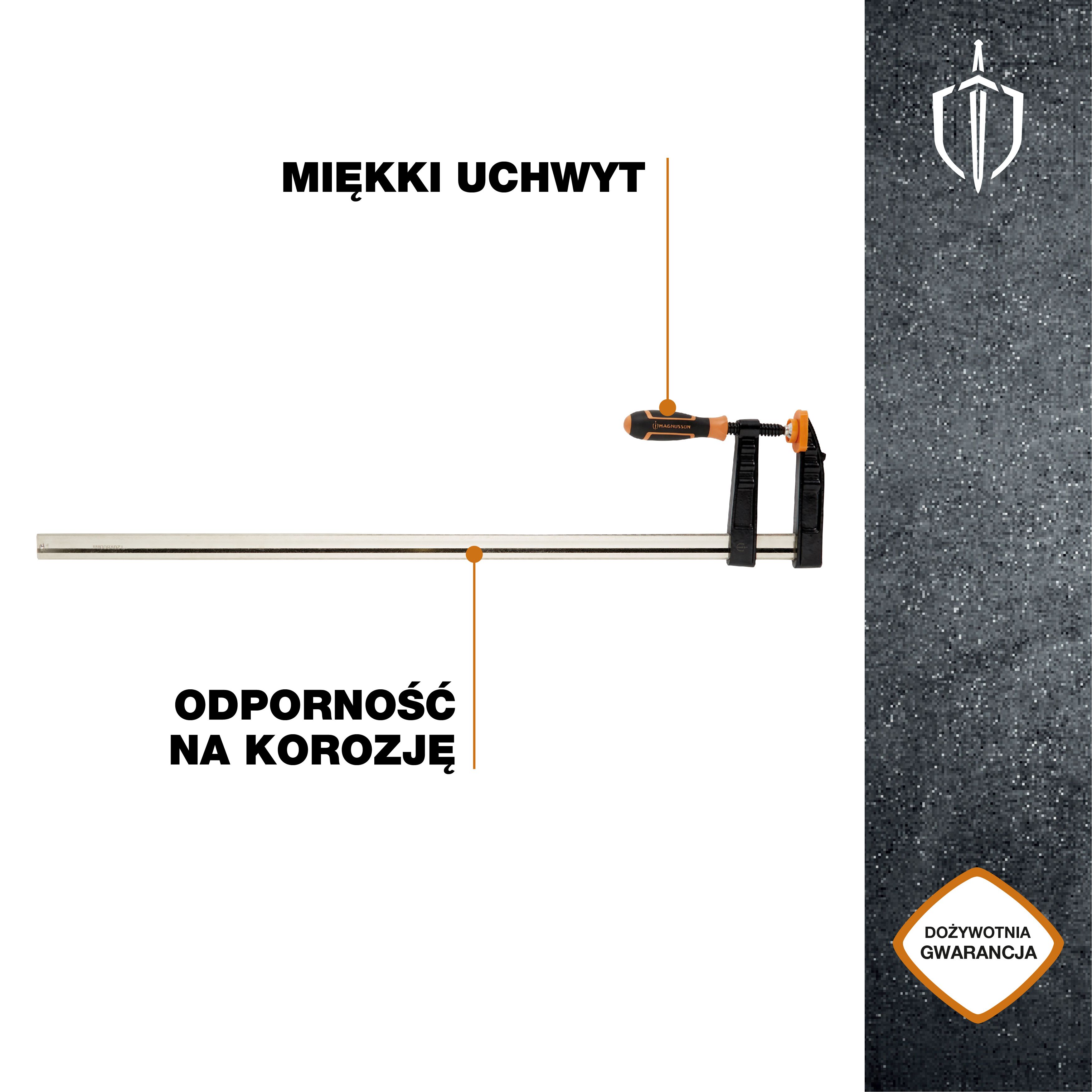 Magnusson Black & orange Polyethylene (PE), polypropylene (PP), steel & thermoplastic rubber (TPR) F-clamp 120mm