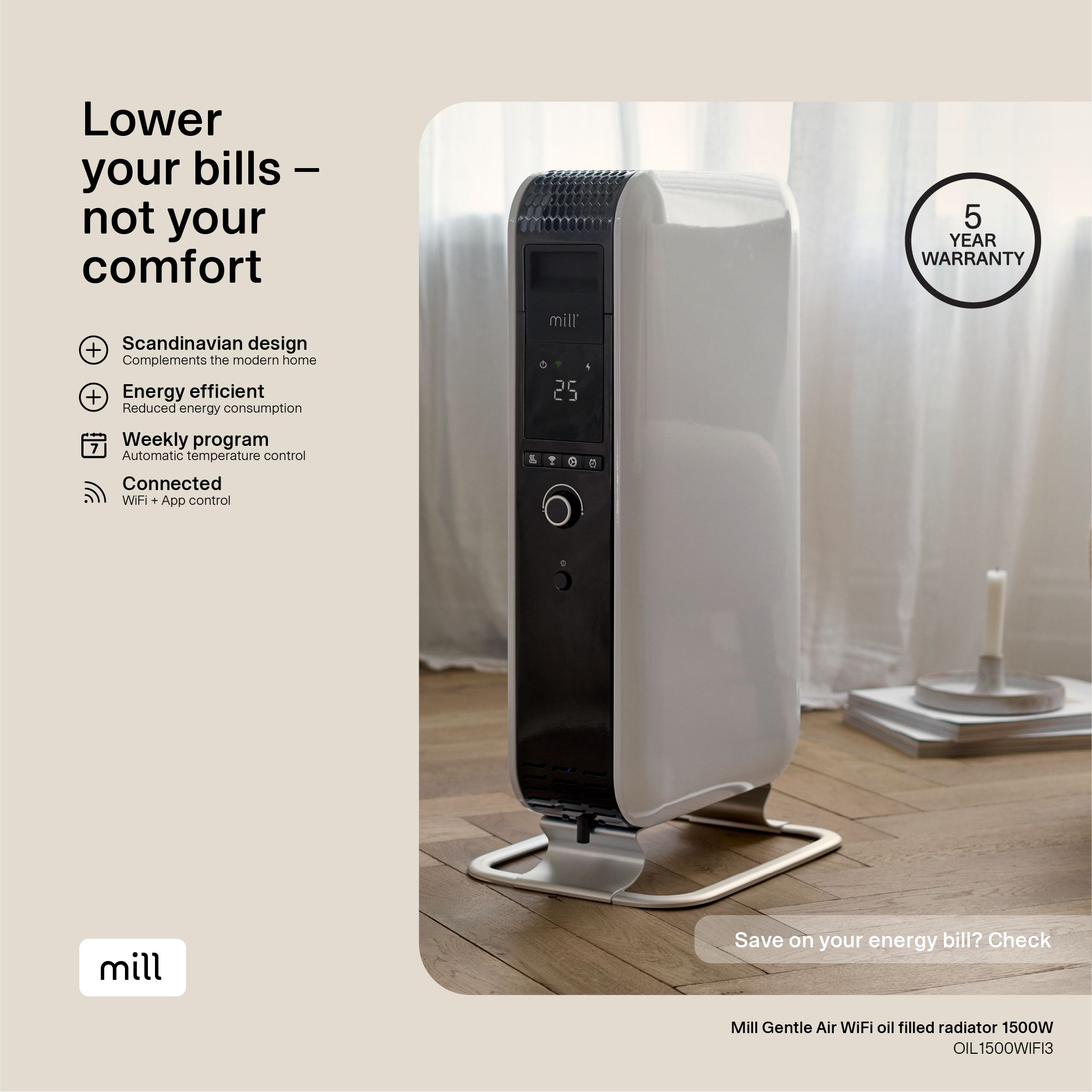 Mains fed 1.5kW White Smart Oil-filled radiator
