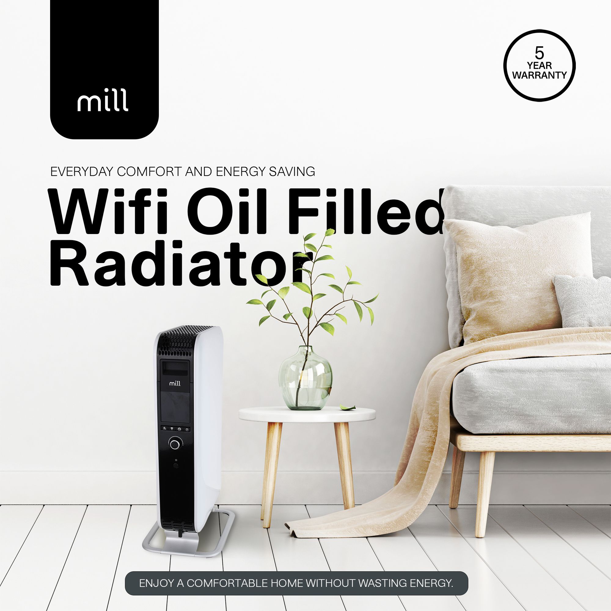Mains fed 1.5kW White Smart Oil-filled radiator