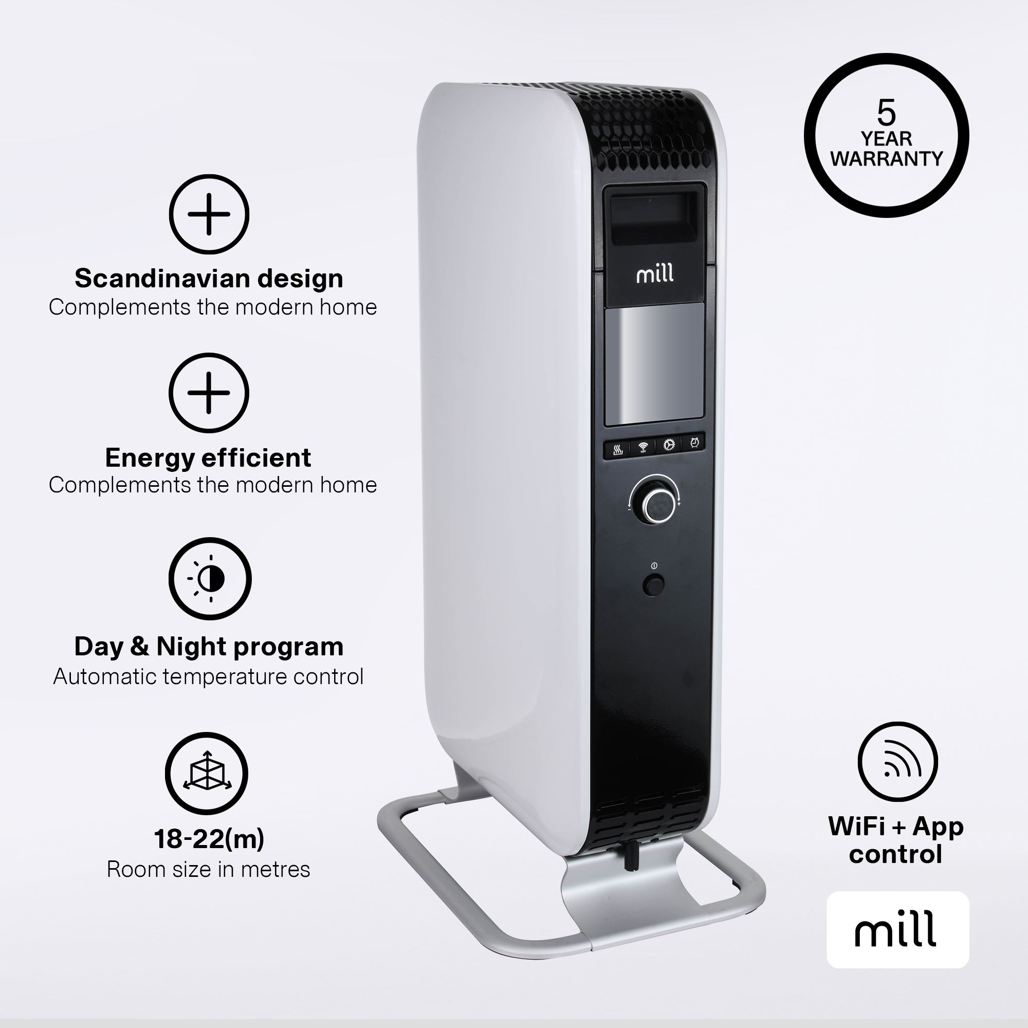 Mains fed 1.5kW White Smart Oil-filled radiator