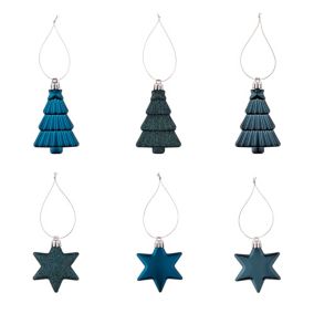 Majolica Blue Plastic Star & tree Hanging decoration set, Pack of 12
