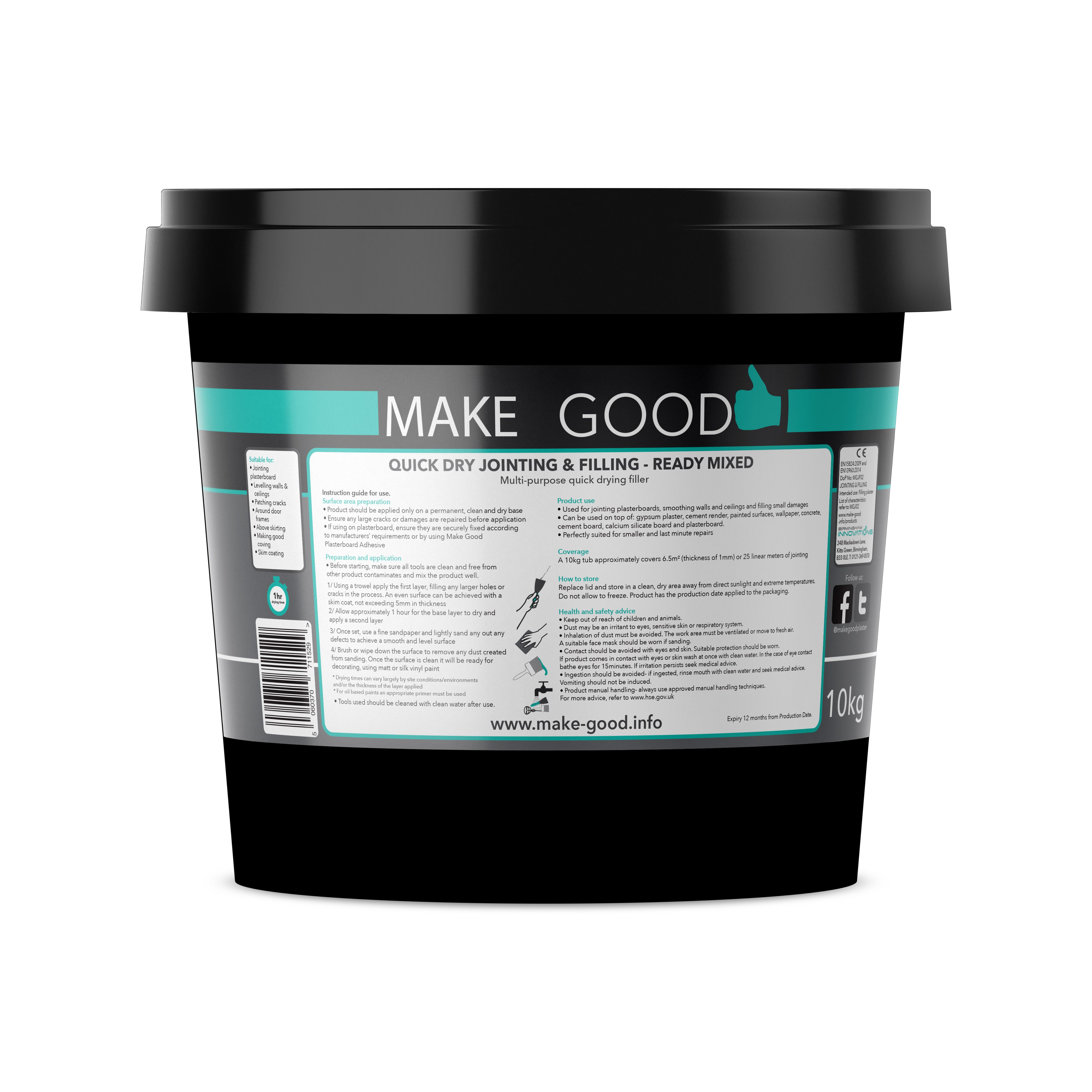 Make Good Quick dry Plasterboard Jointing, filling & finishing compound 10kg Tub