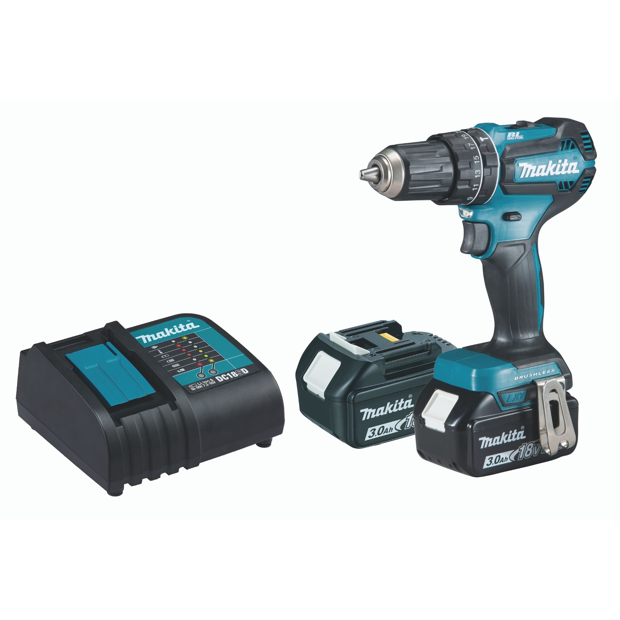 Makita LXT 18V 3Ah Li-ion Cordless Brushless Combi drill DHP485SFE - 2  batteries included | DIY at B\u0026Q