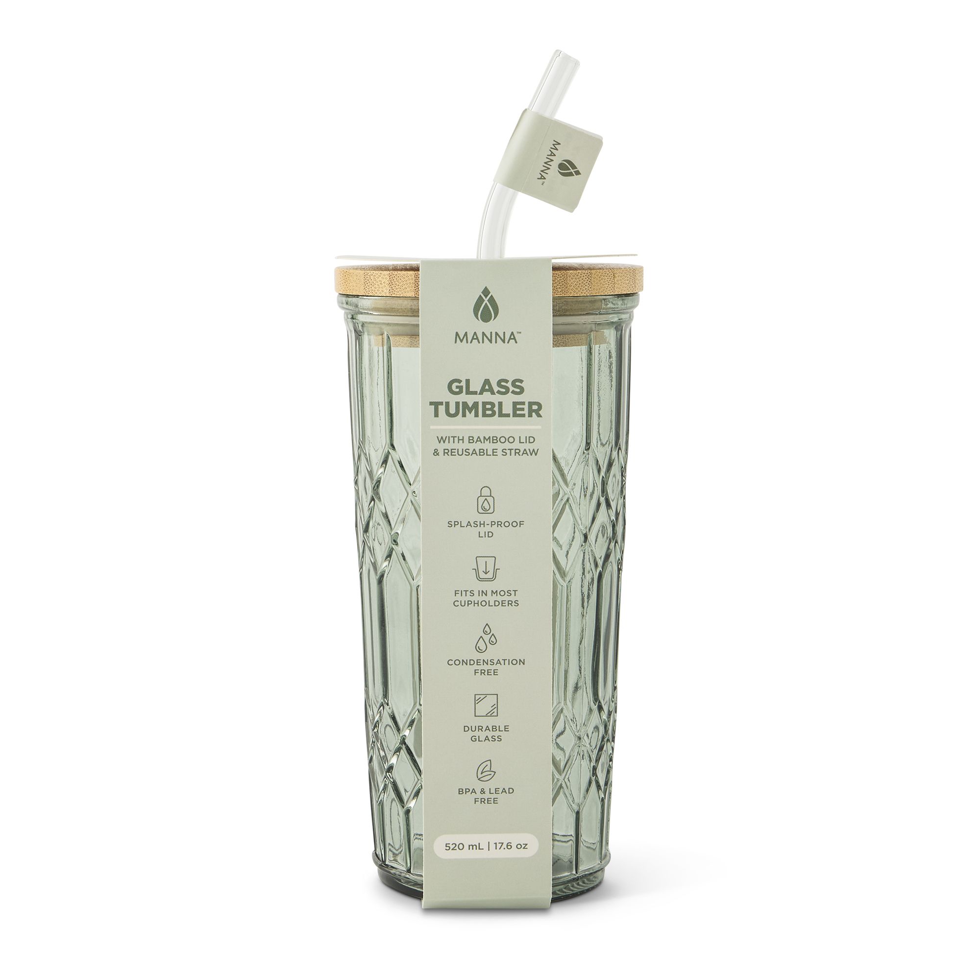 Manna Aqua grey Glass 520ml Tumbler with Bamboo lid