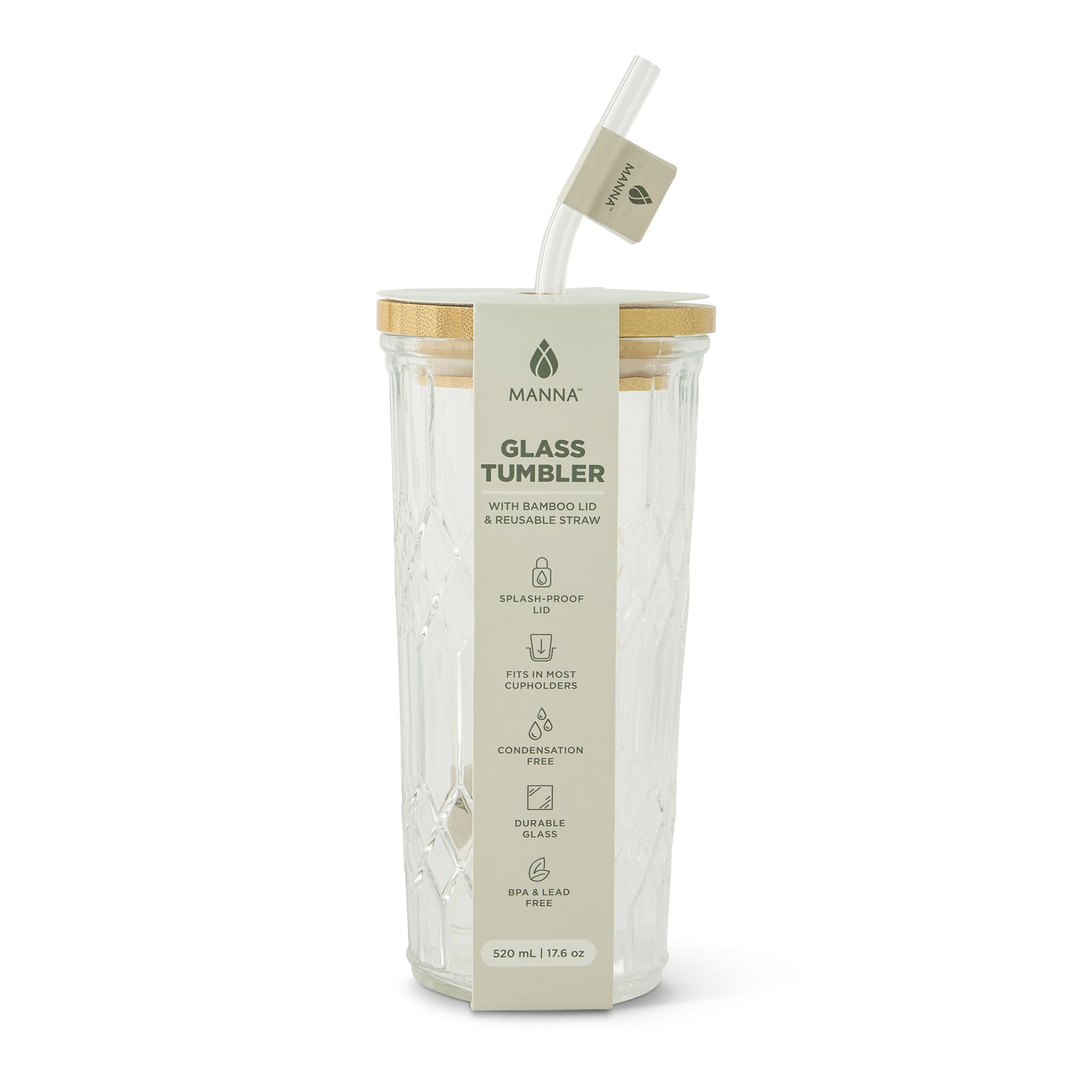 Manna Clear Glass 520ml Tumbler with Bamboo lid