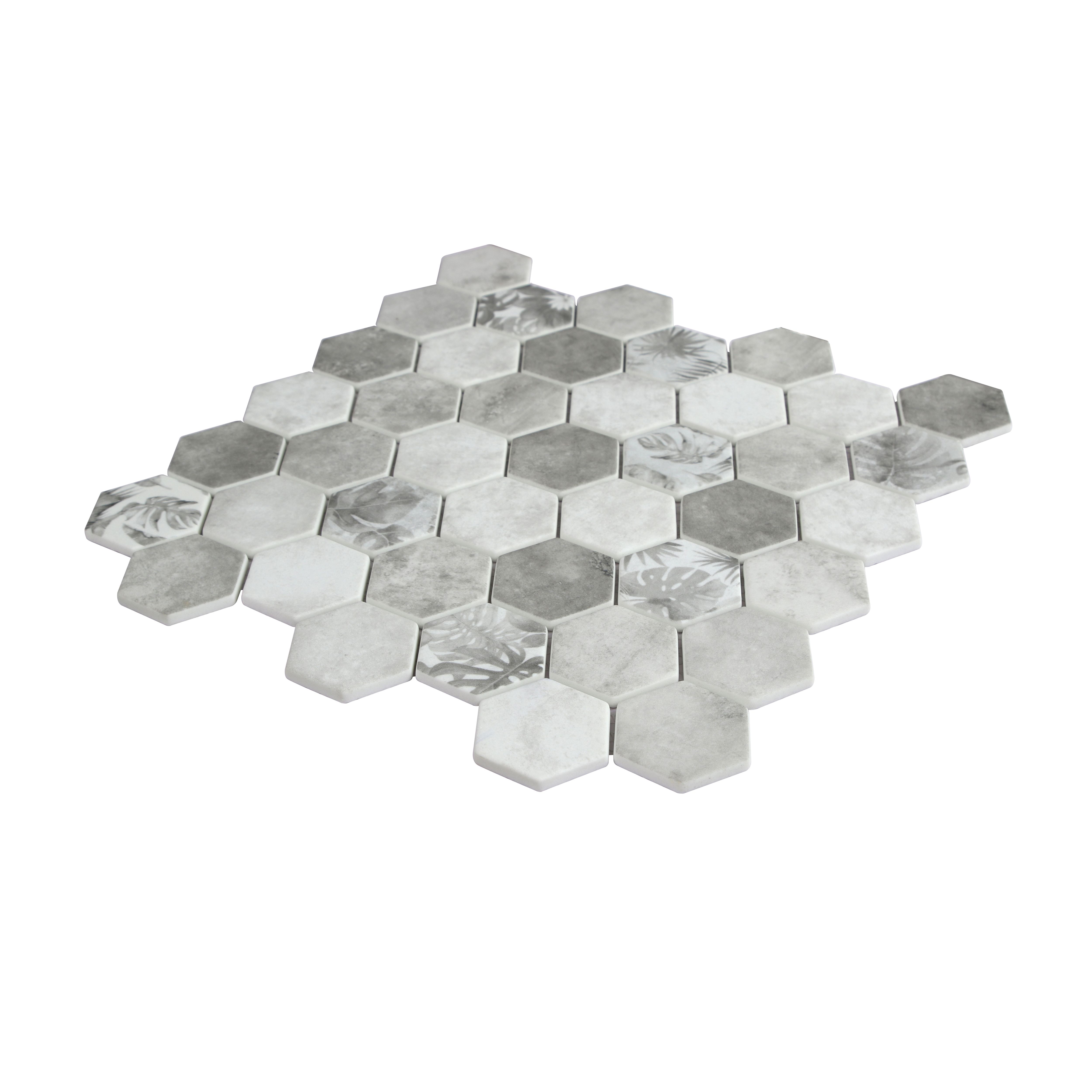 Manon Grey Matt Glass effect Hexagon Palm Leaf Recycled glass Mosaic tile sheet, (L)298mm (W)302mm