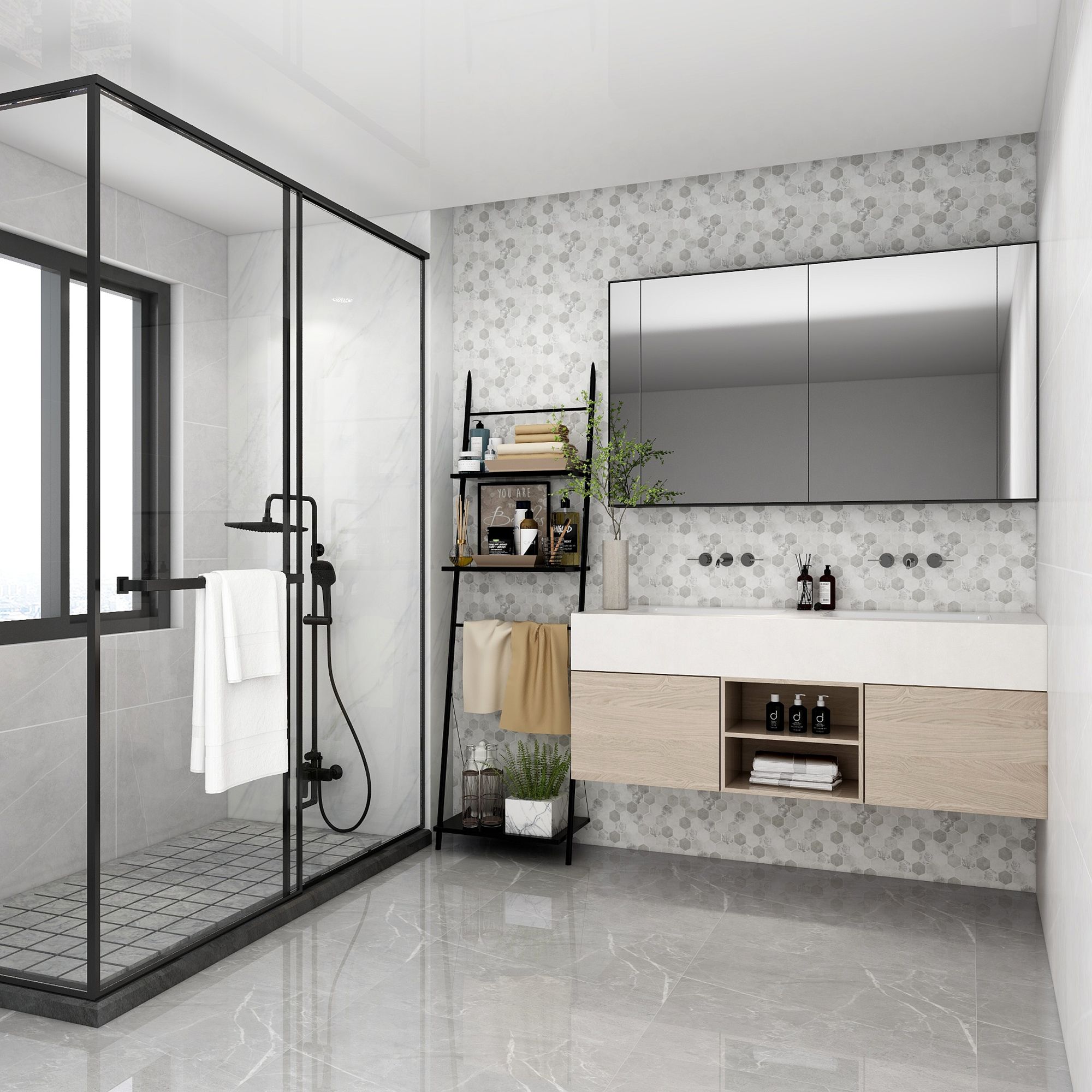 Manon Grey Matt Glass effect Hexagon Palm Leaf Recycled glass Mosaic tile sheet, (L)298mm (W)302mm