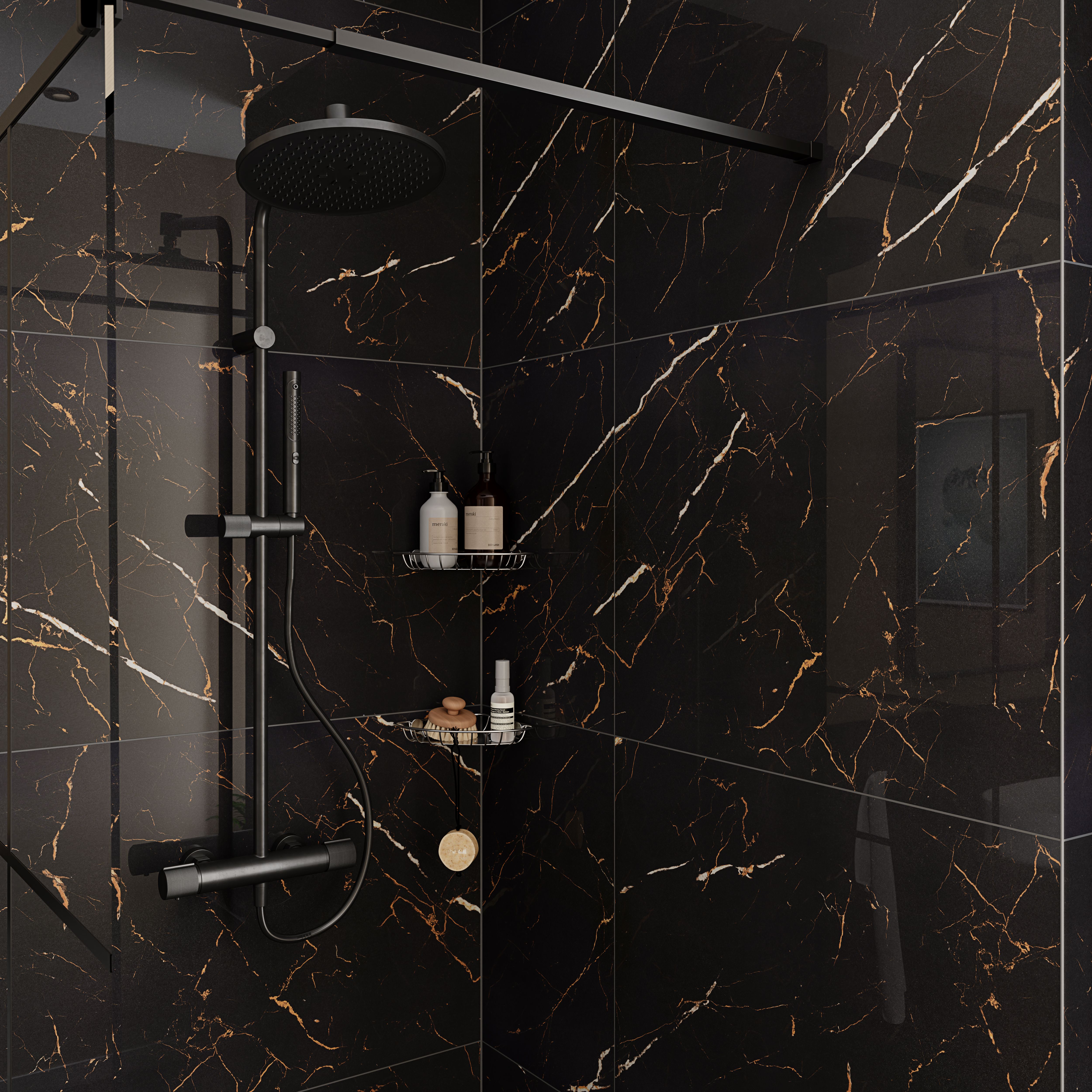 Marciana Black & gold High gloss Marble effect Porcelain Indoor Wall & floor Tile, Pack of 2, (L)1200mm (W)600mm