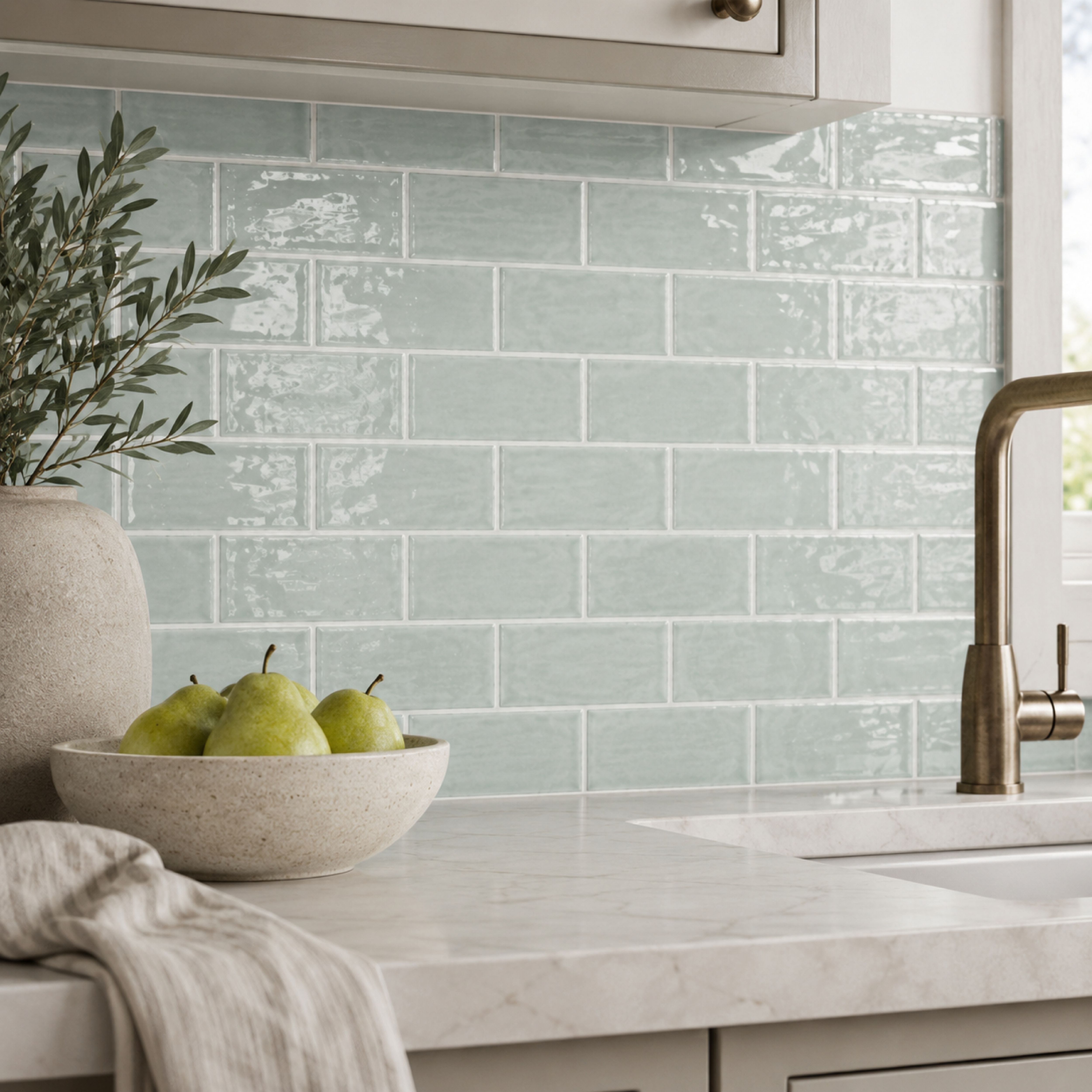 Maremar Aloe Green Gloss Textured Ceramic Indoor Wall tile, Pack of 60, (L)130mm (W)65mm