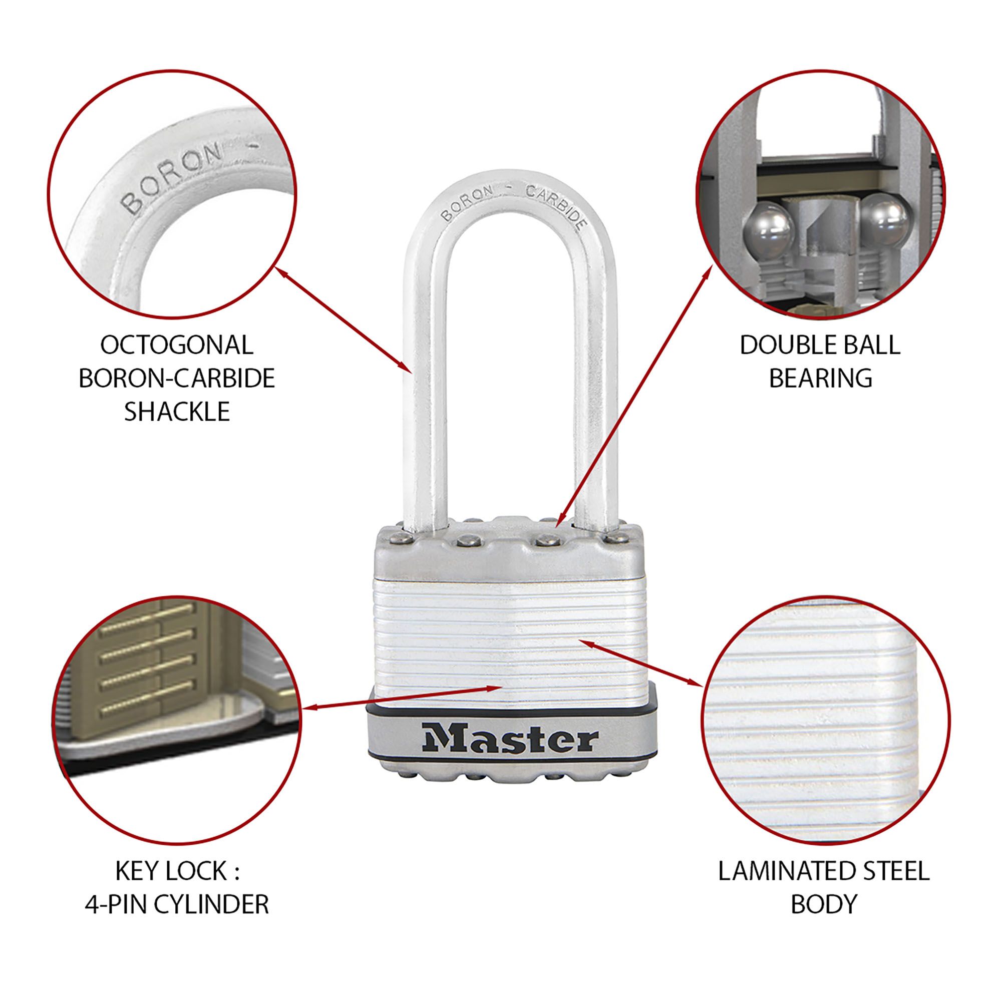 Cadenas Master Lock Excell M515DLH – Sécurité Niveau 9 – Portillon Long 51mm – 4 Clés – Neuf – Fabriqué En France
