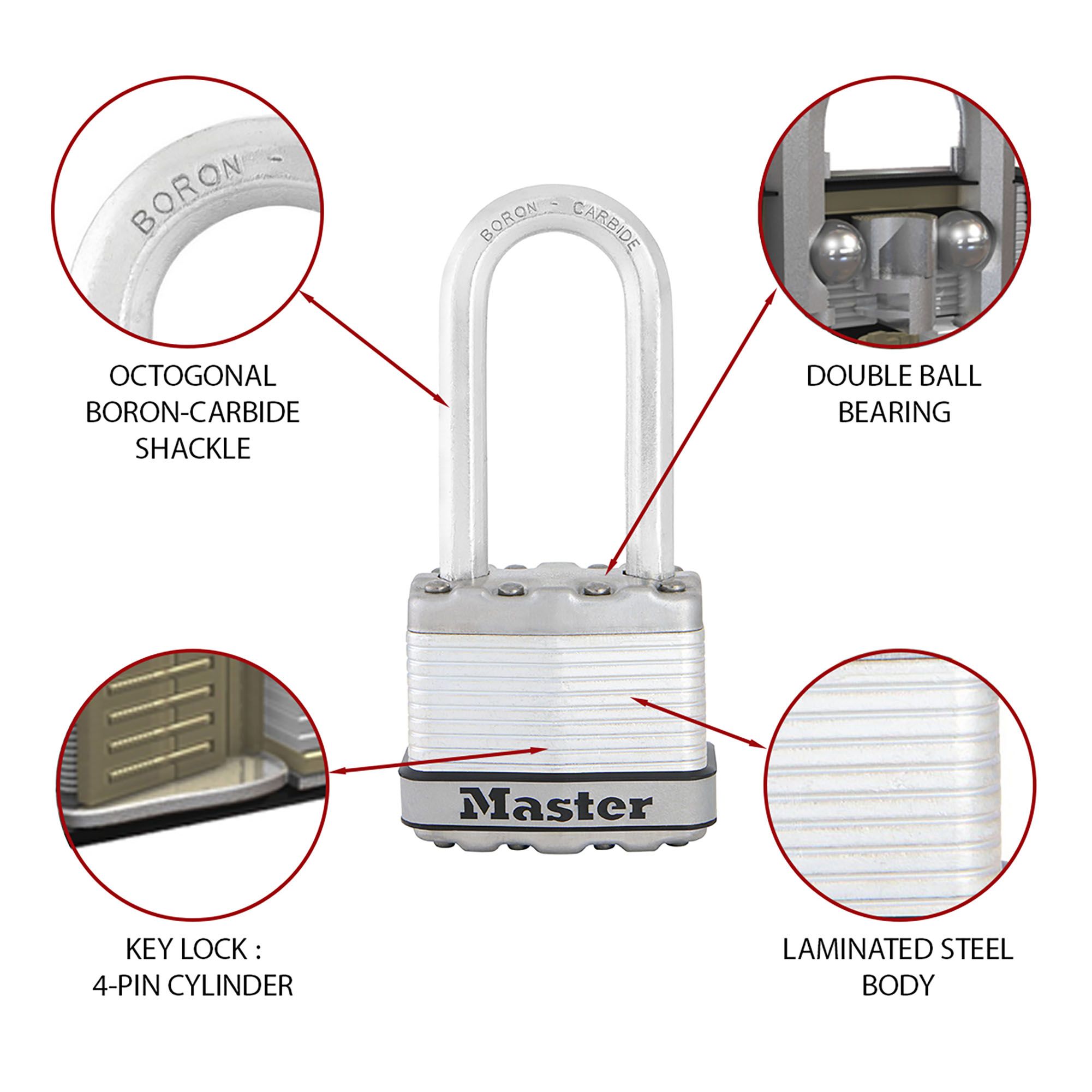Master Lock Excell Heavy duty Laminated Steel Long shackle Padlock (W)45mm