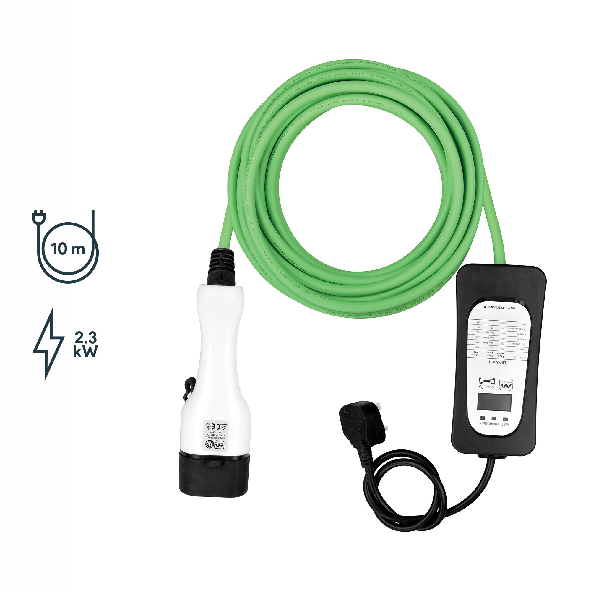 Masterplug 10A 2.3kW Mode 2 3-pin plug to Type 2 Electrical vehicle ...