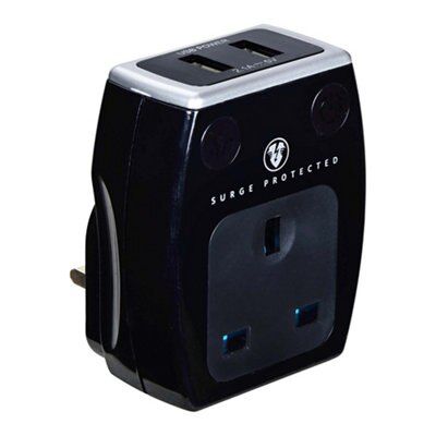 Masterplug 13A 6-Gang Switched Surge-Protected Extension Lead + 3.1A 2-Outlet Type A USB Charger Gloss Black 2m - 3