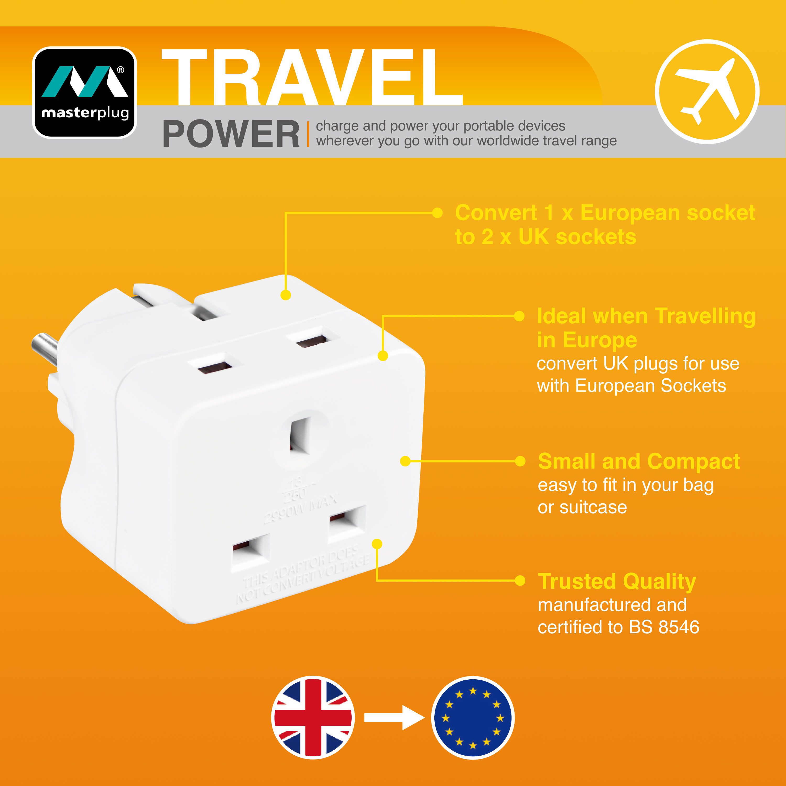 Masterplug 13A White UK to EU Travel adaptor - 6