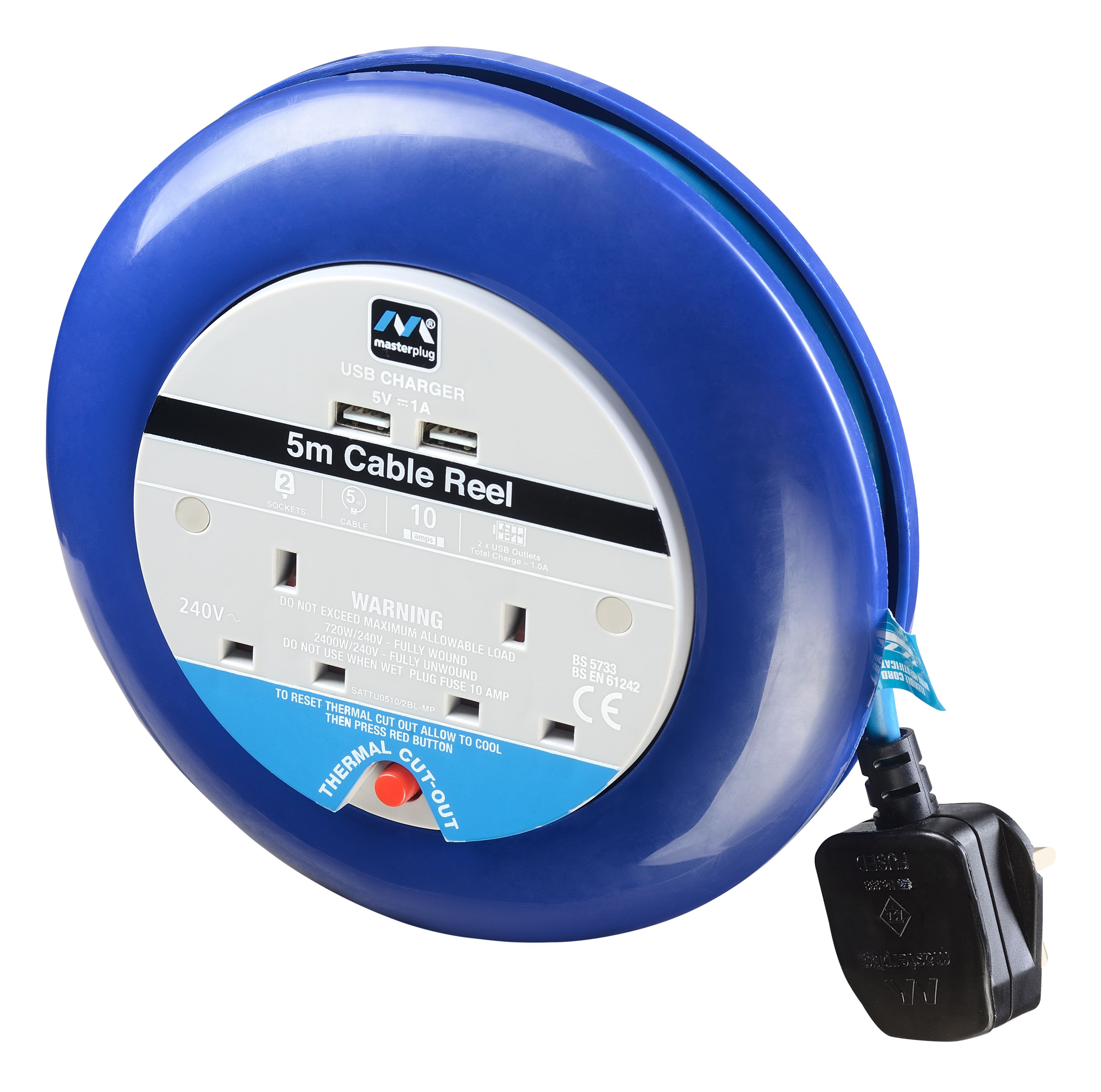 Masterplug 2 socket Cable reel with USBs, 5m