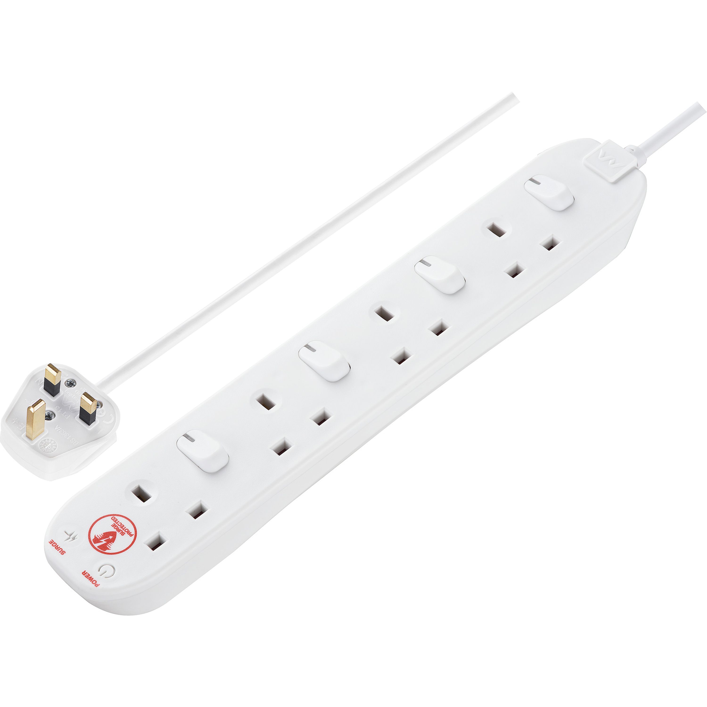 Masterplug 4 socket 13A Switched Surge protected White Extension lead