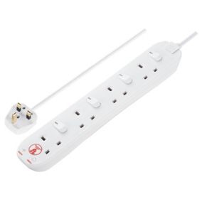 Masterplug 4 socket 13A Switched Surge protected White Extension lead, 2m