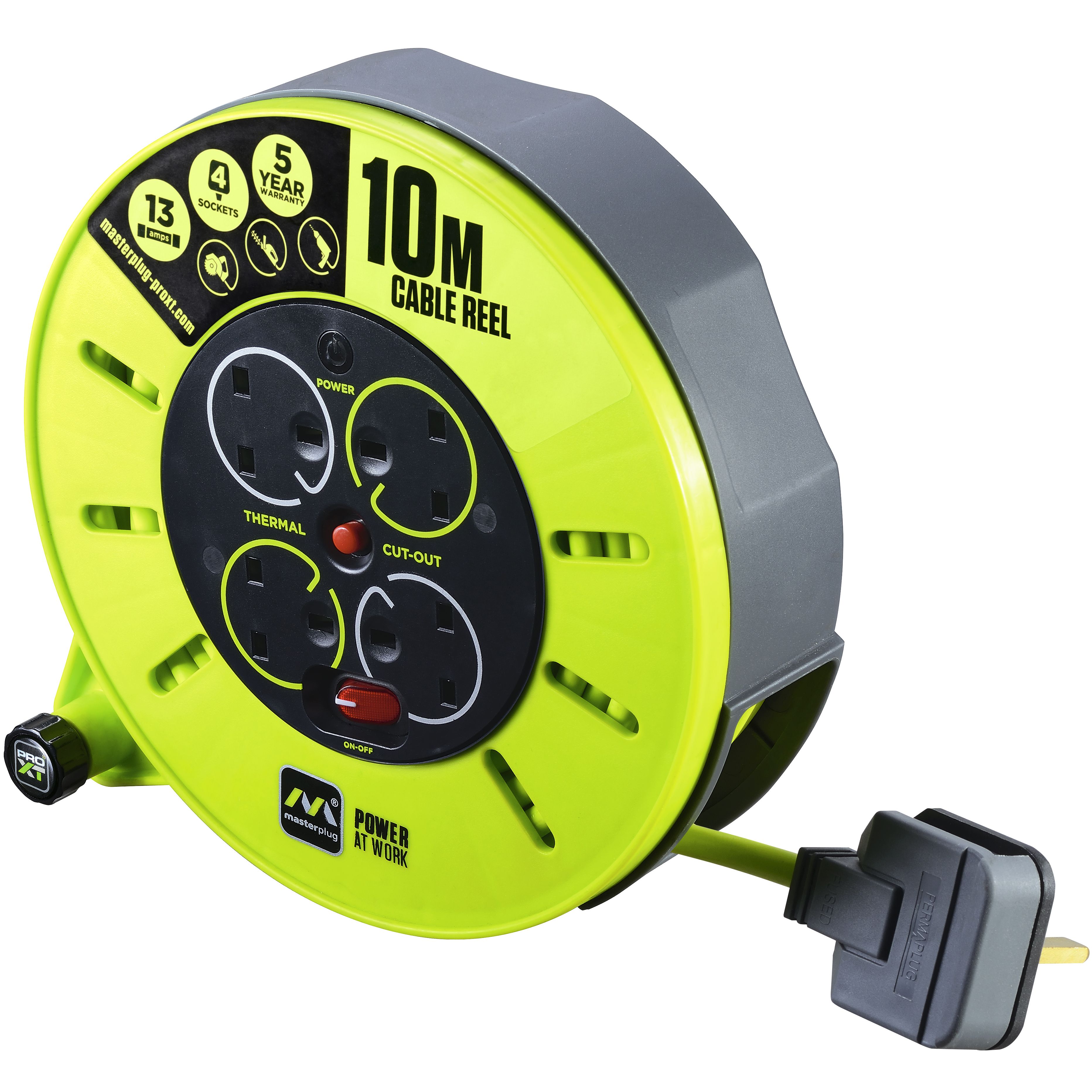 Masterplug 4 socket Green & grey Indoor Cable reel, 10m