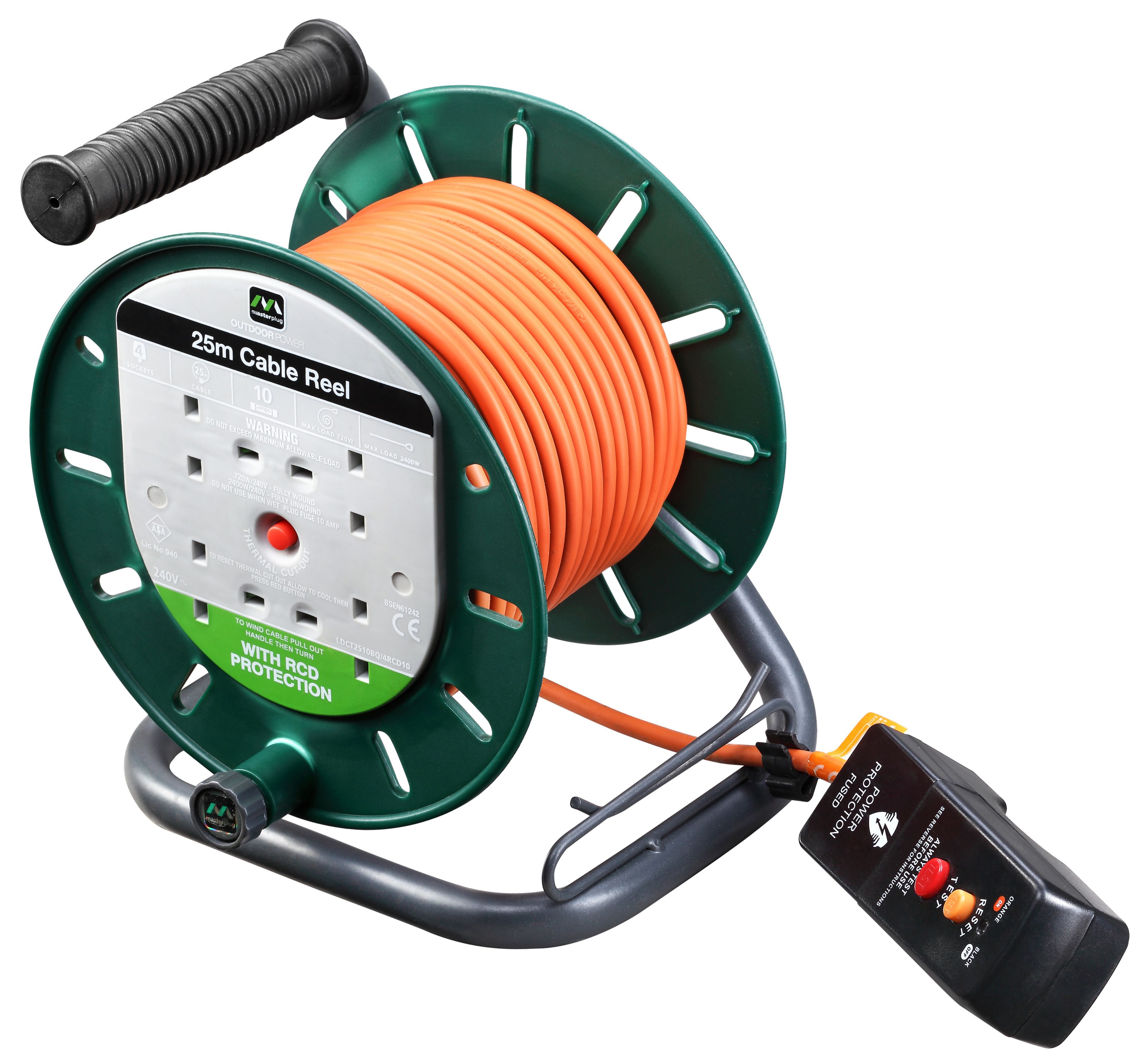 Masterplug 4 socket Green & orange Outdoor Cable reel, 25m