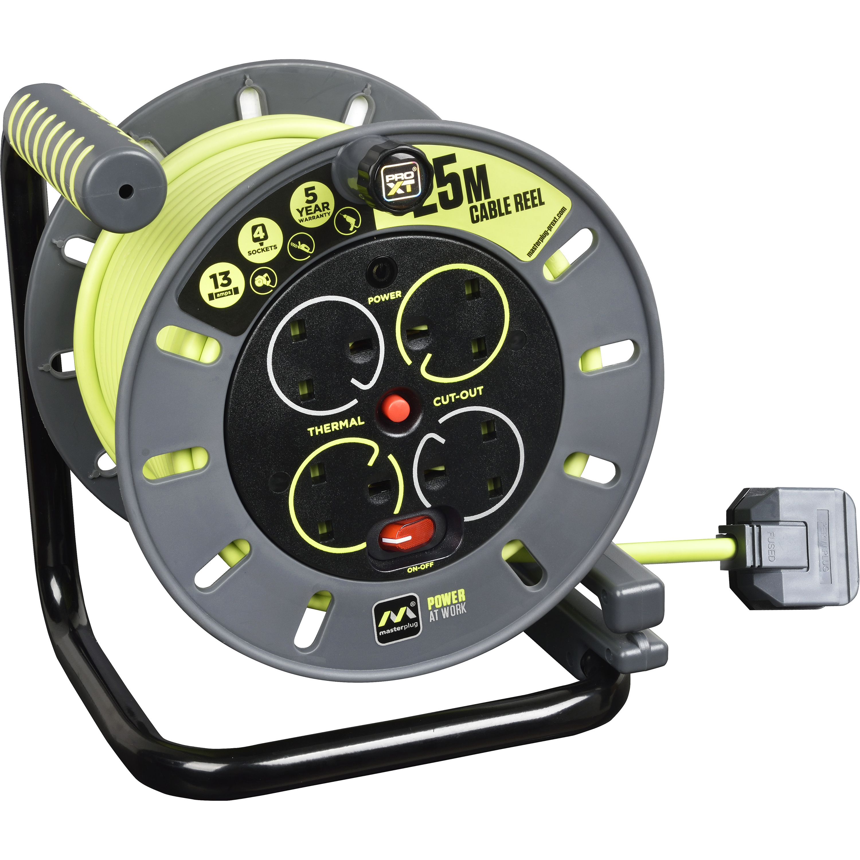 Masterplug 4 socket Grey & green Indoor & outdoor Cable reel, 25m