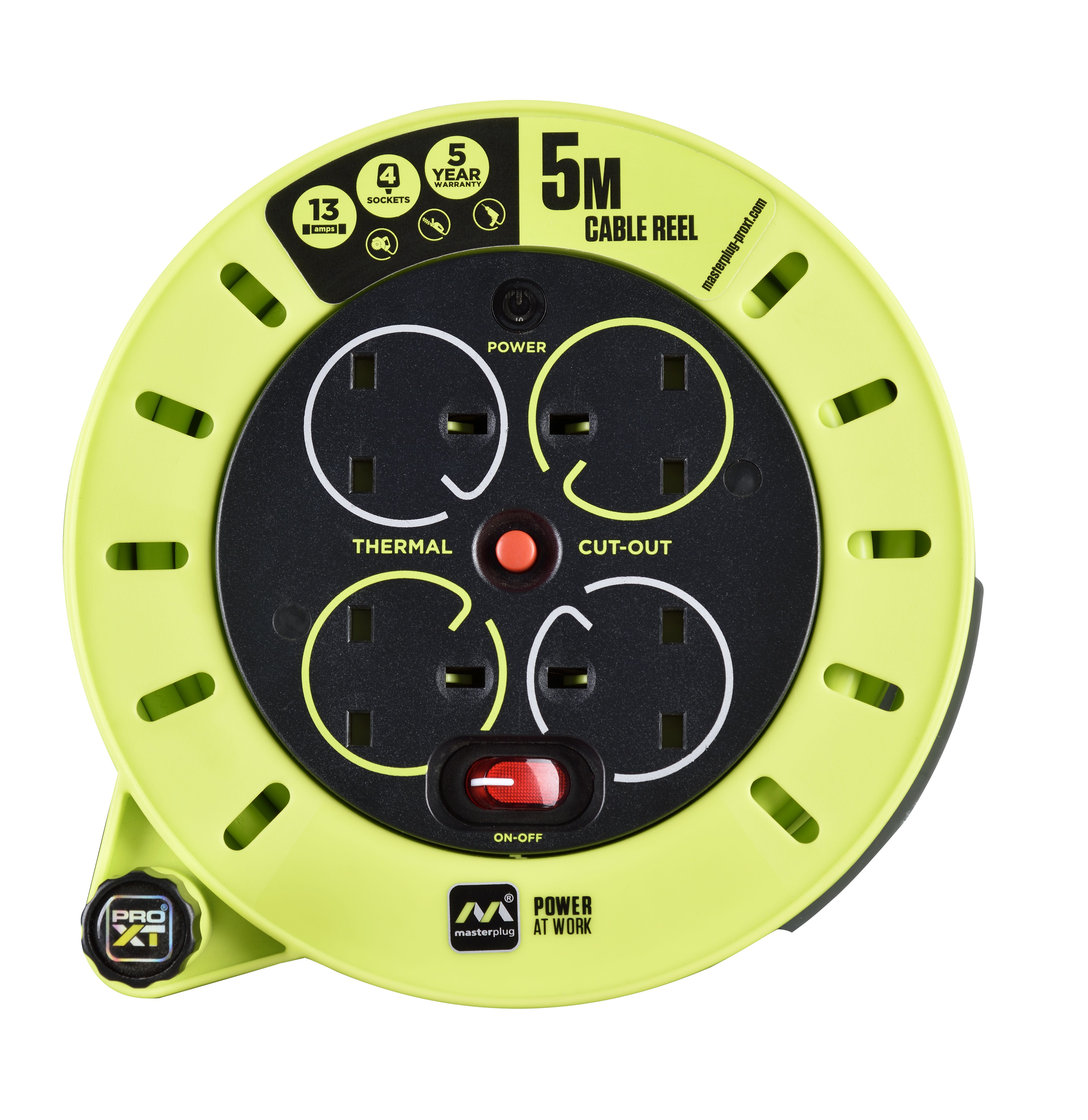 Masterplug 4 socket Grey & green Indoor & outdoor Cable reel, 5m