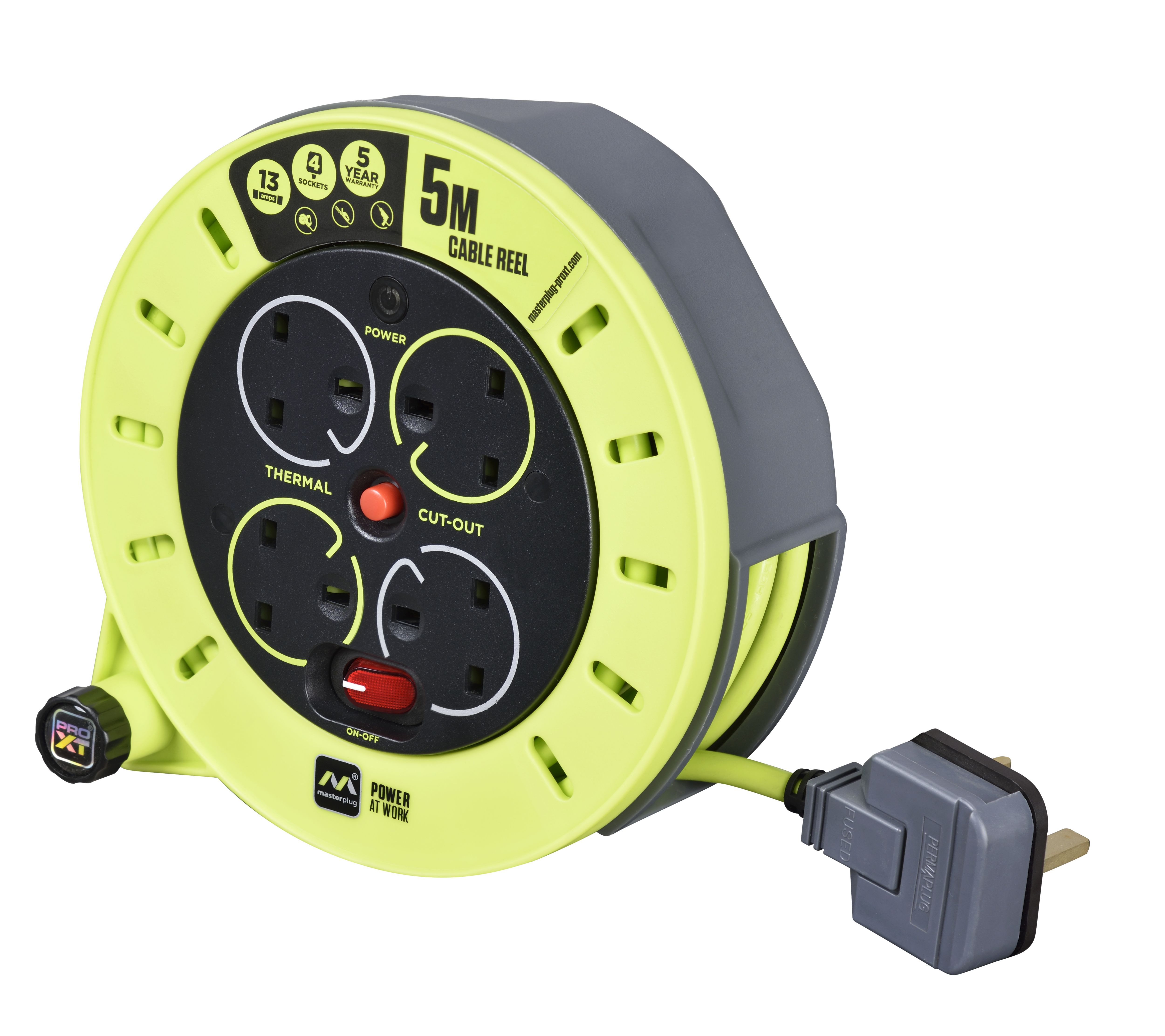 Masterplug 4 socket Grey & green Indoor & outdoor Cable reel, 5m