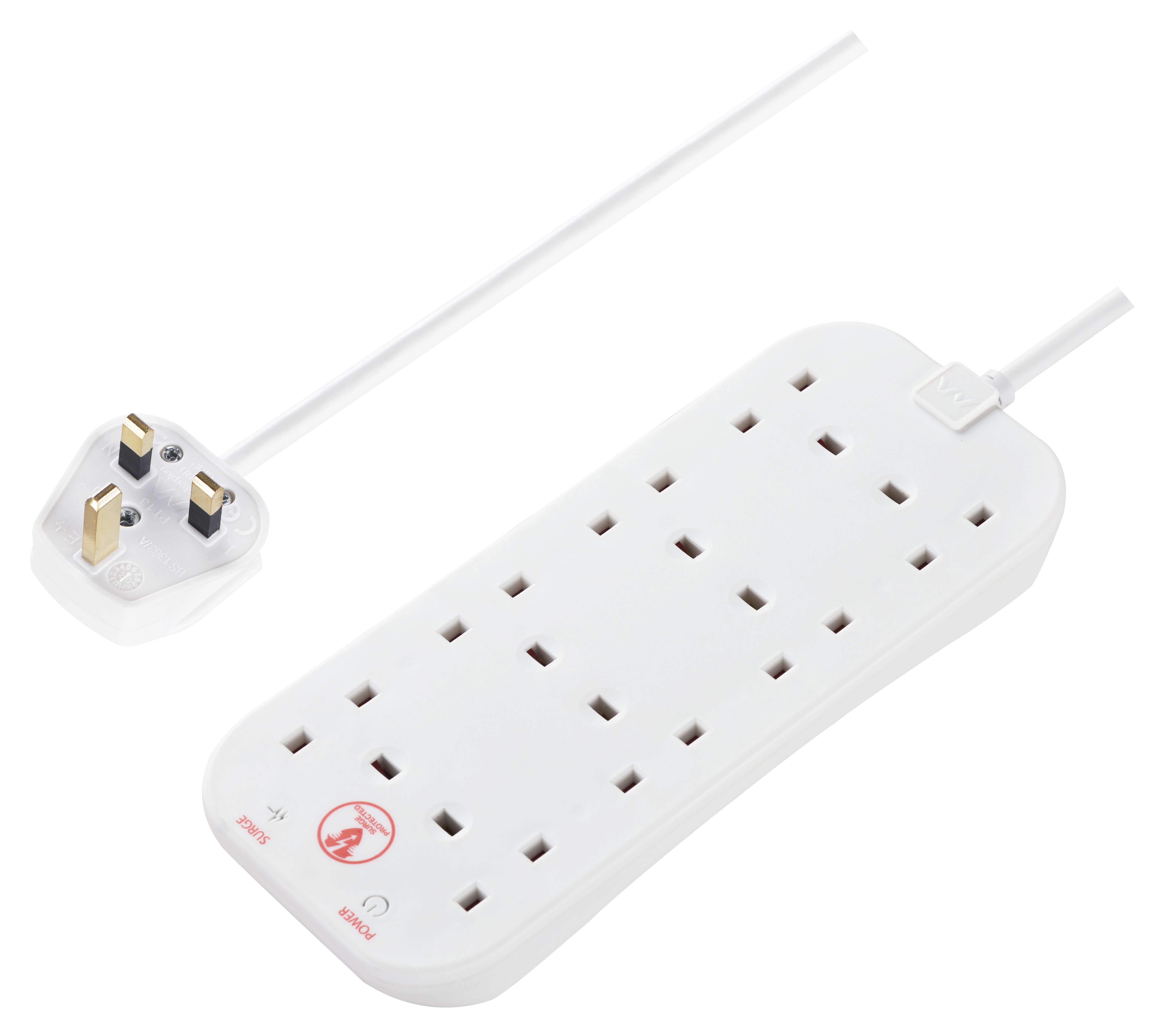 Masterplug 8 socket 13A Surge protected White Extension lead, 2m