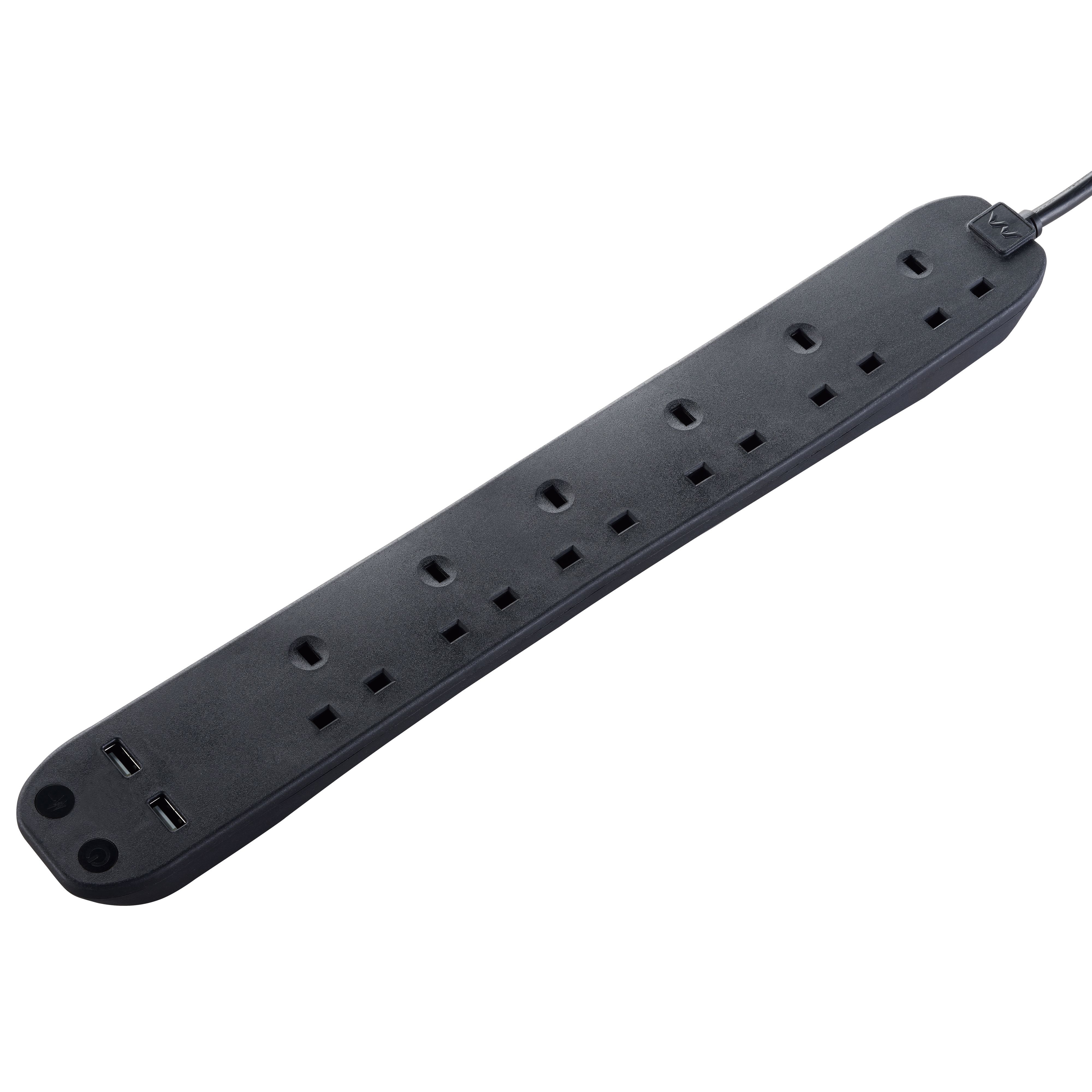 Masterplug Black 13A 6 socket Extension lead with USB, 1m