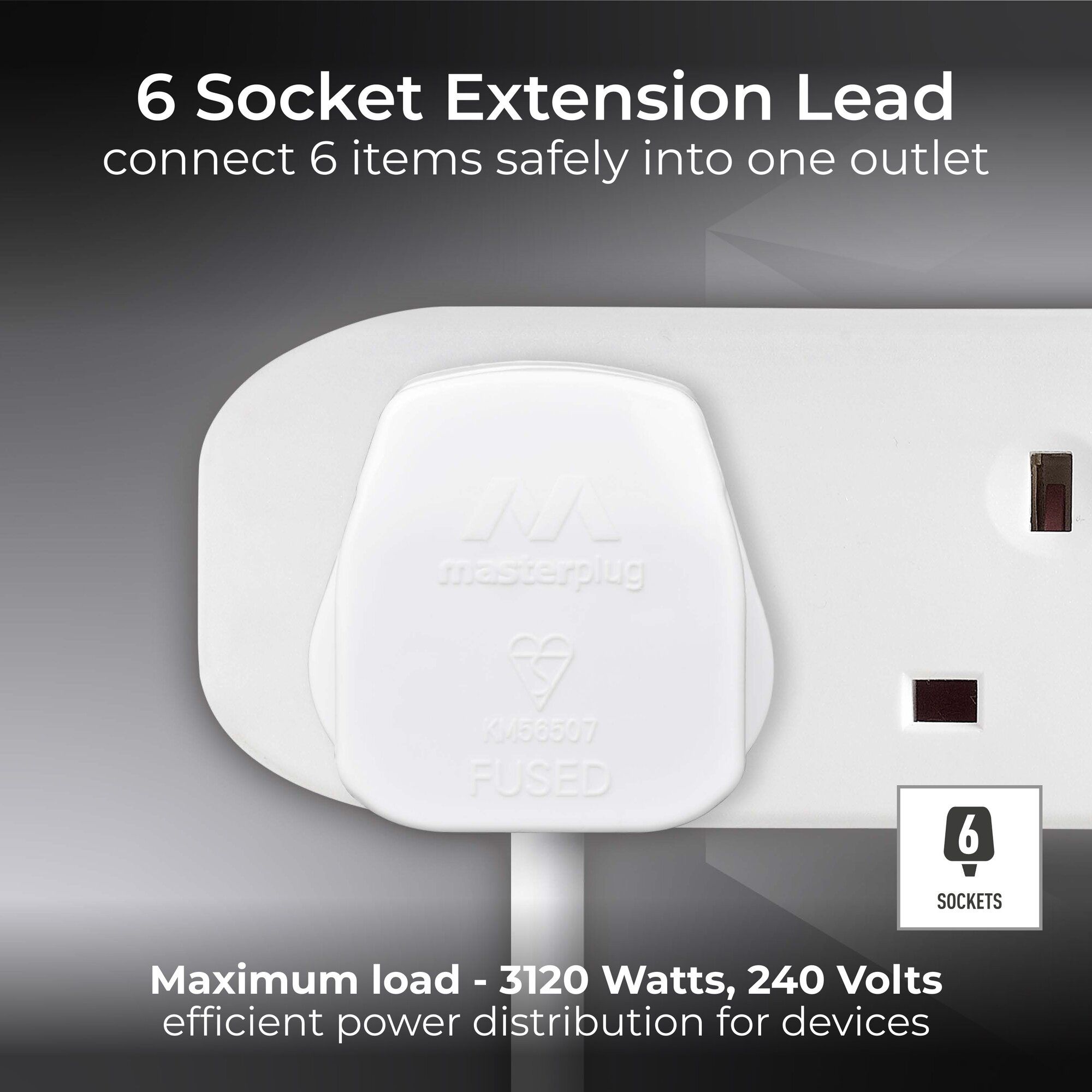 Masterplug BSG1N-BD 6 socket 13A White Extension lead, 1m