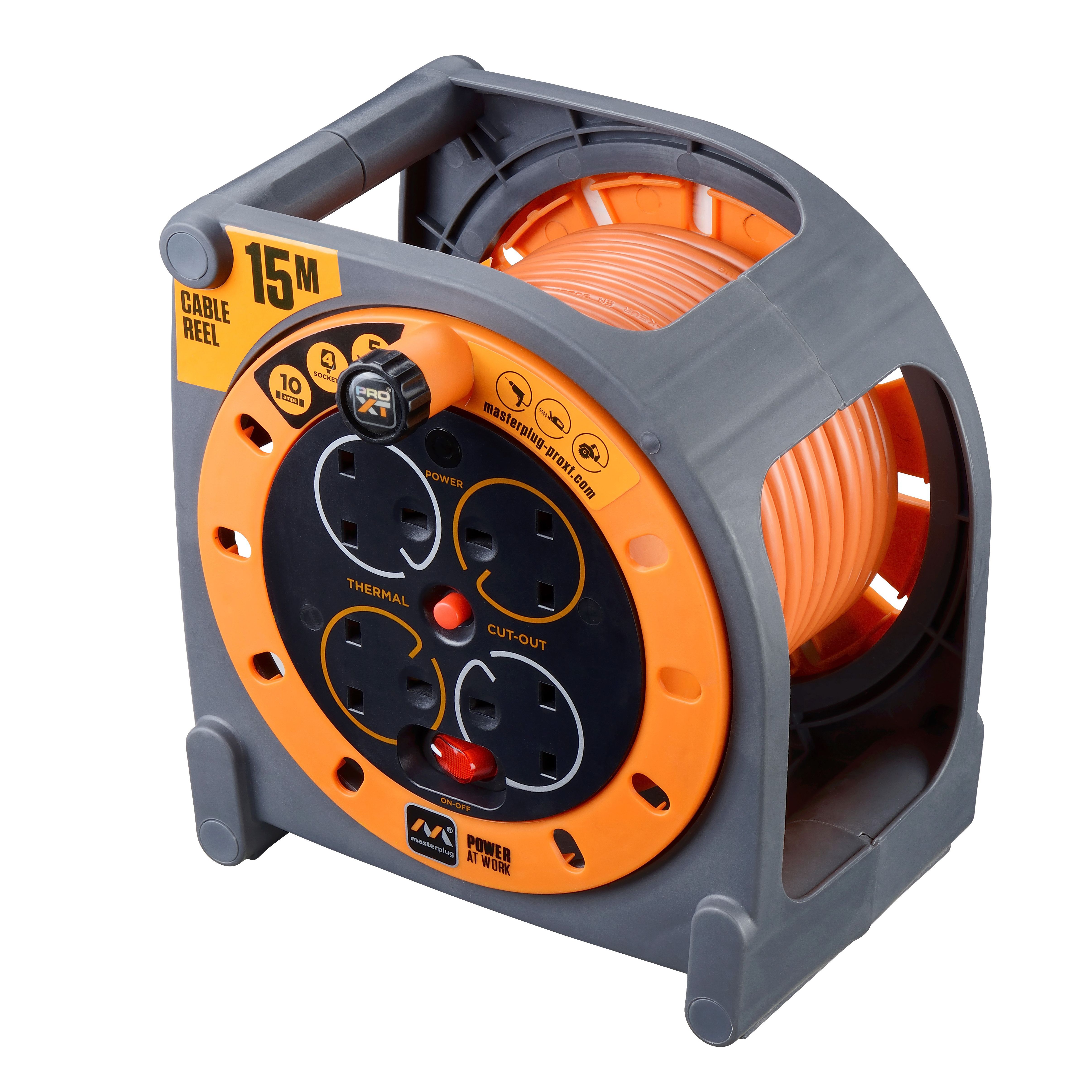 Masterplug Pro XT 4 socket Orange Indoor Cable reel, 15m