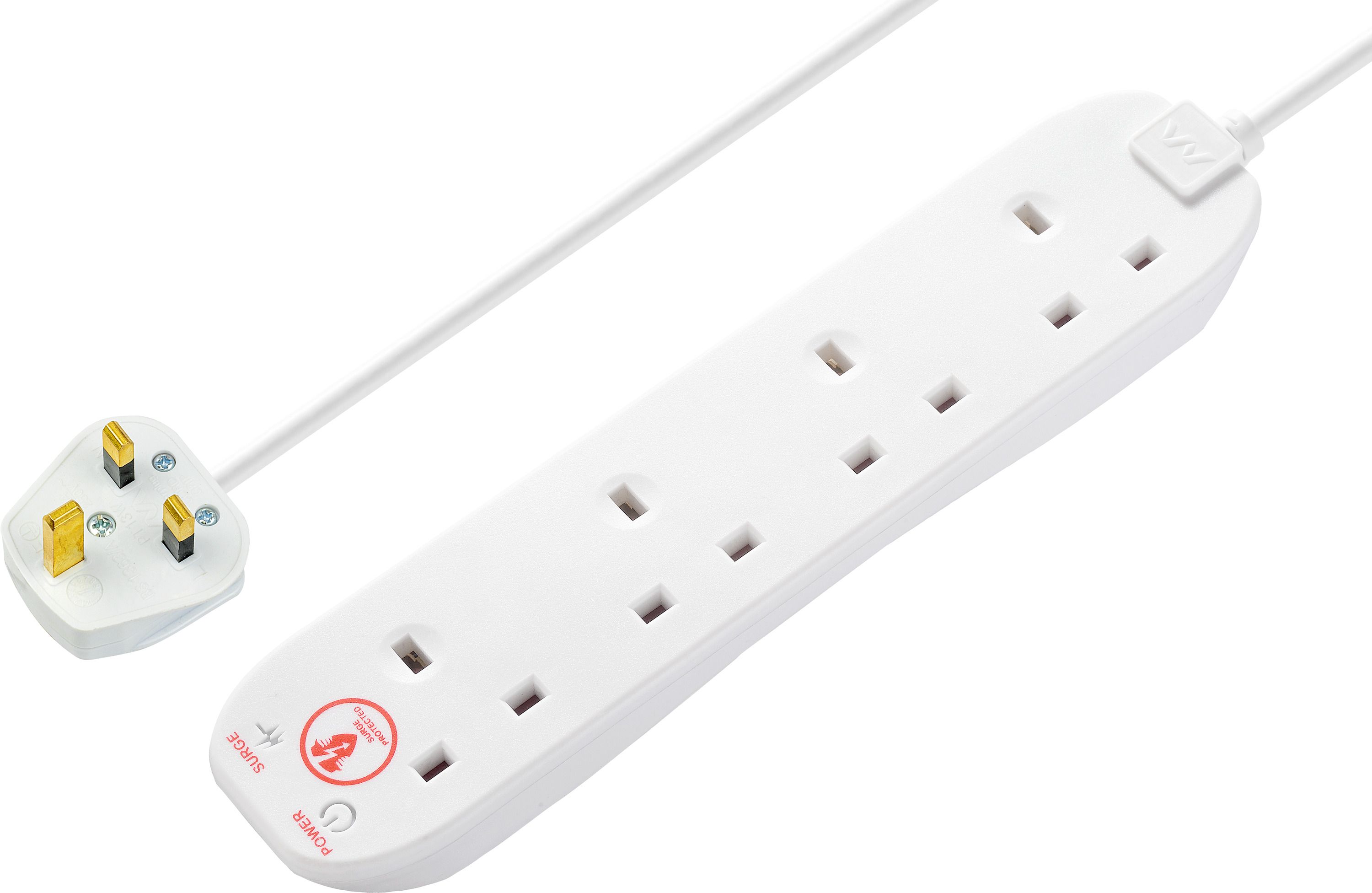 Masterplug SRG4210N/2-BD 4 socket 13A Surge protected White Extension lead, 2m, Pack of 2